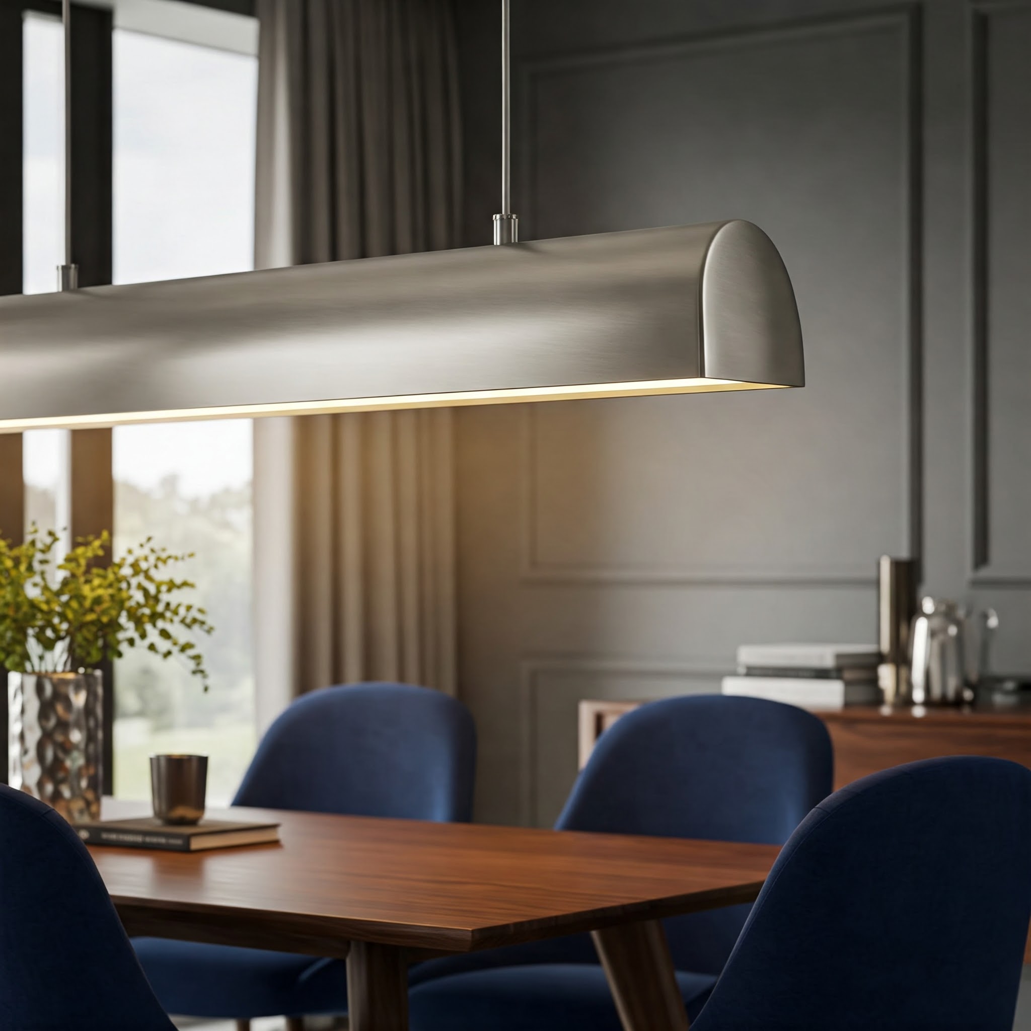 Satin nickel pendant light above a dining table, showing a soft warm silver finish that pairs well with dark walls and wood.