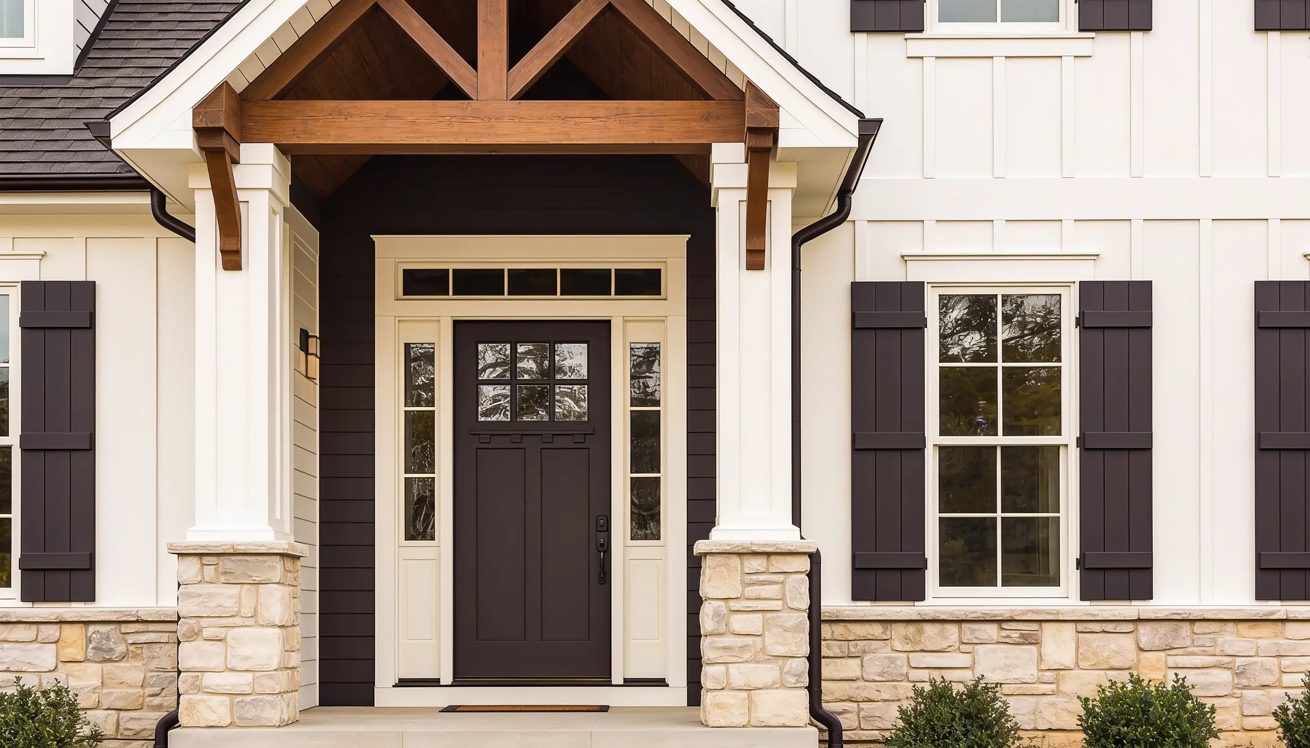 A front door featuring brown shutters and white trim, showcasing a classic and inviting architectural style.