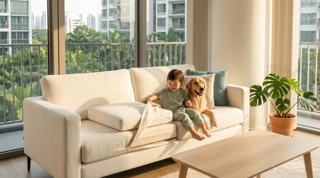 Child and golden retriever sitting on beige sofa in bright living room with large windows