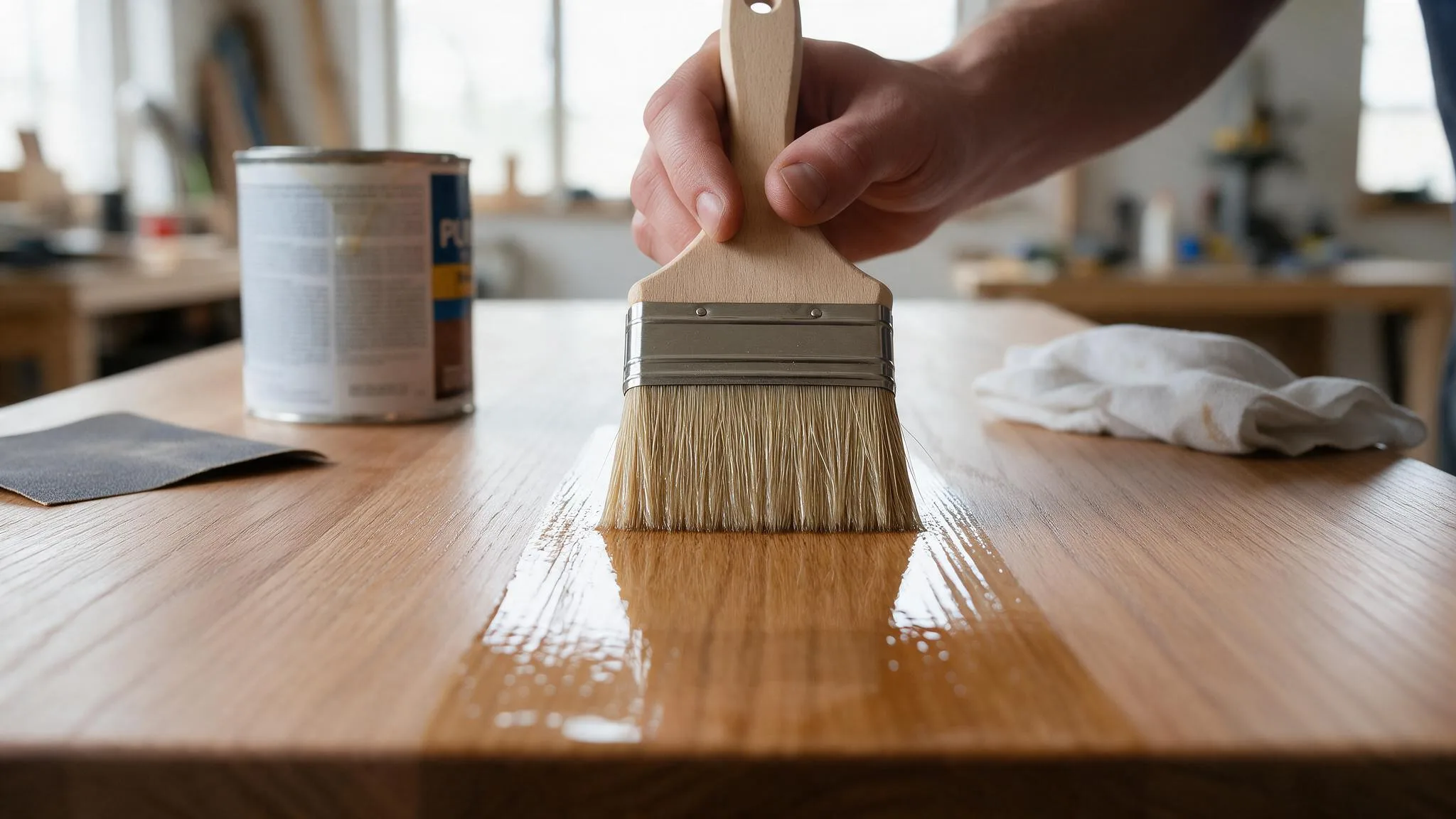 Hand applying clear polyurethane with a wide brush across a wooden tabletop for a smooth even protective finish