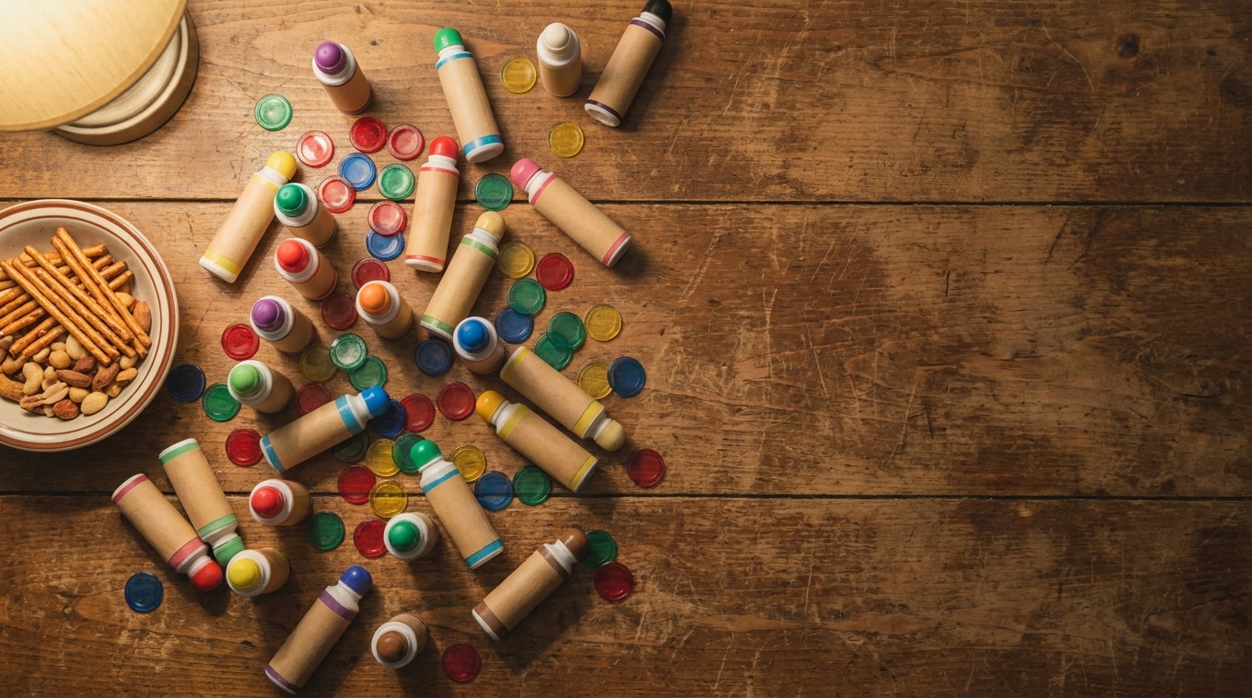 Stamp markers and colorful chips scattered on wooden table next to bowl of snacks