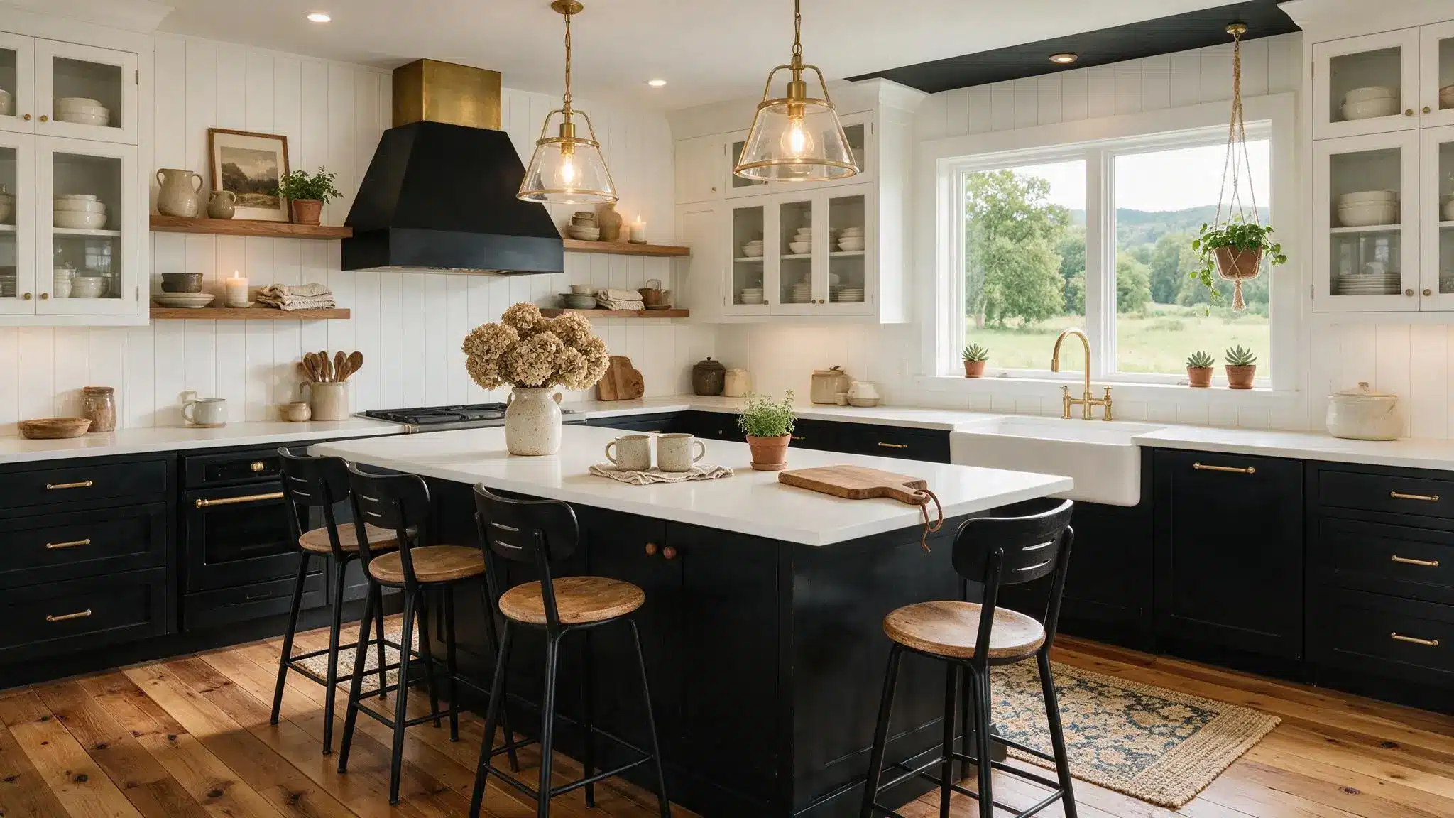 Black and white farmhouse kitchen with a large island, open shelving, brass lighting, and a farmhouse sink.
