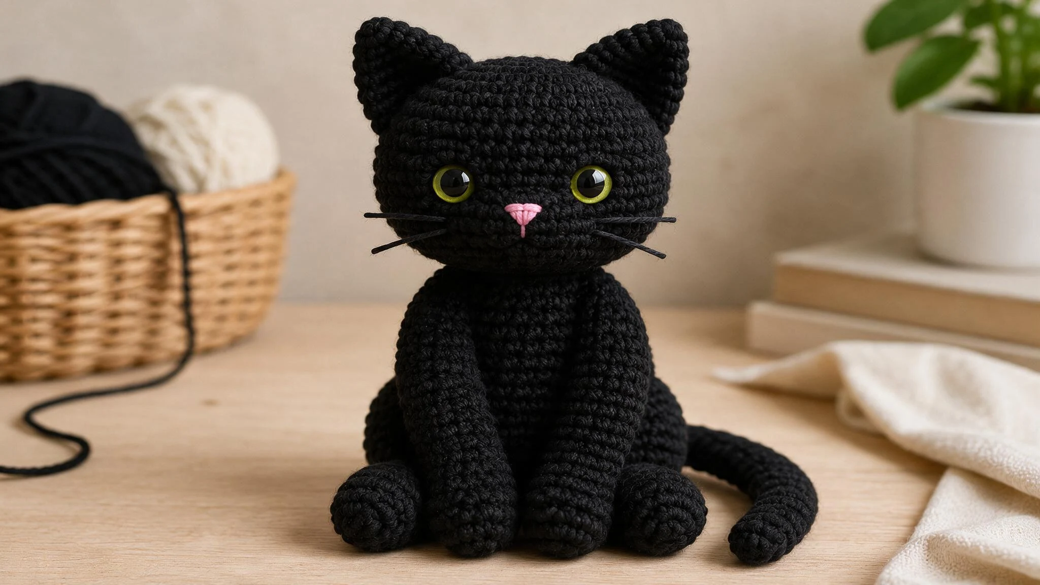 Black crochet cat with green eyes pink nose pointed ears and curled tail sitting on a wooden table.