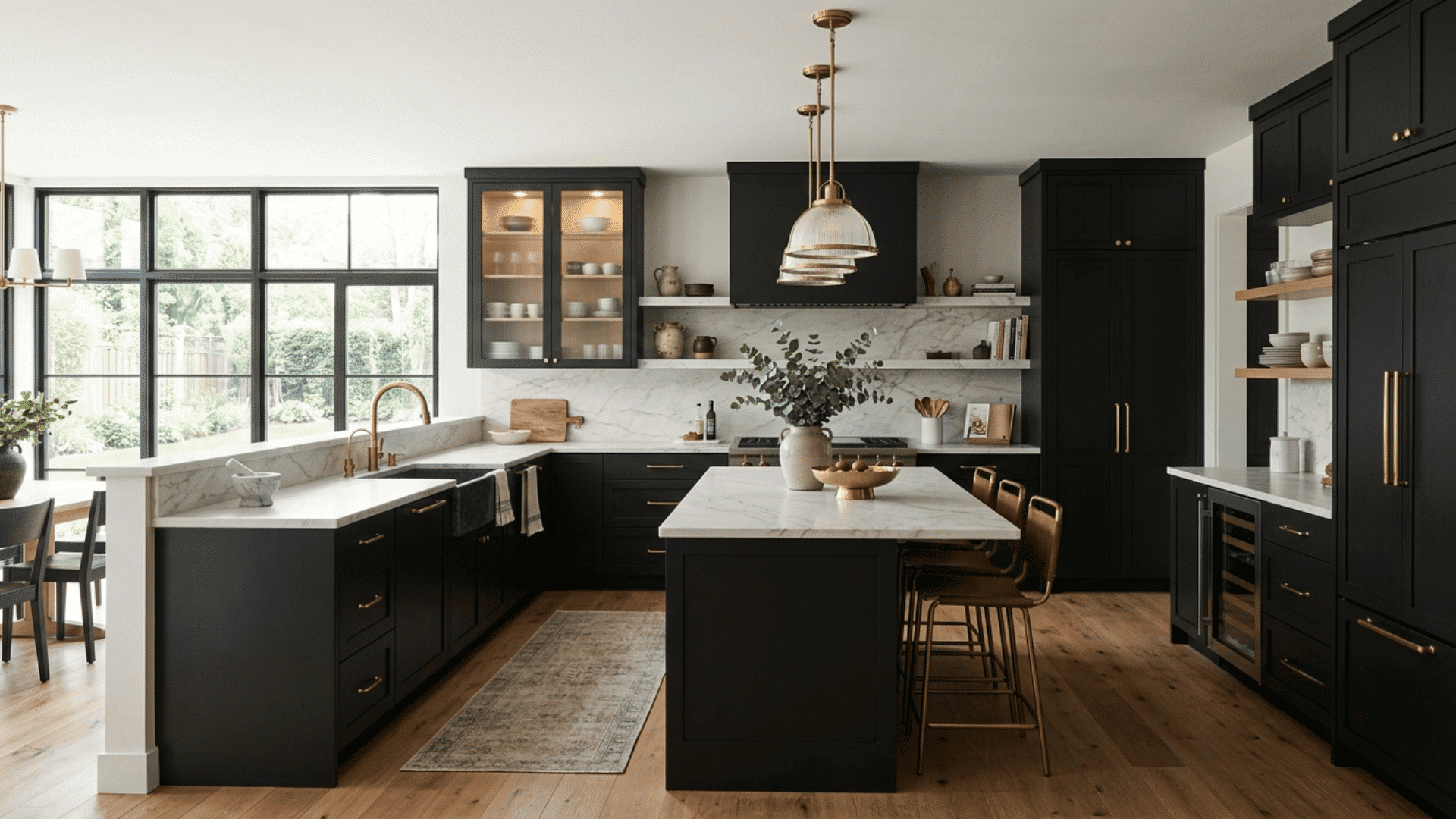 black kitchen with brass hardware, marble counters, glass cabinets, oak flooring, and large windows
