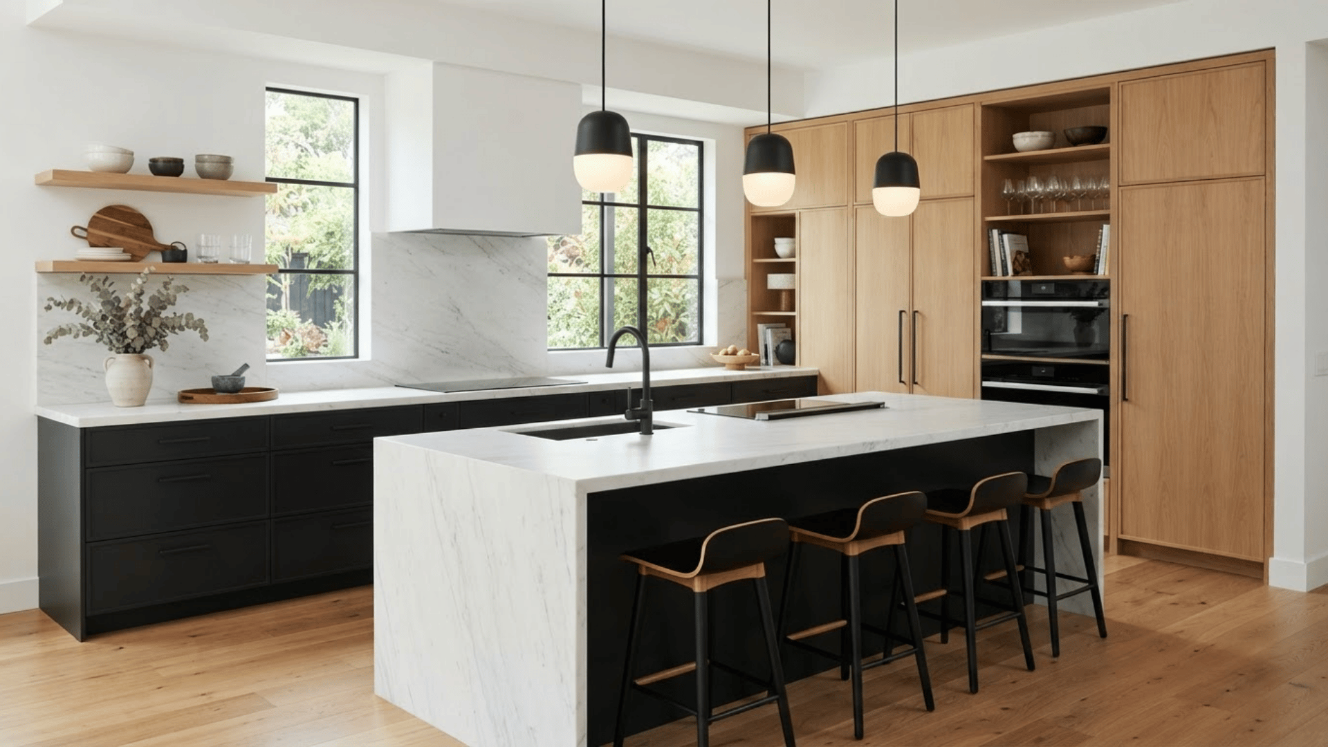 black and white kitchen with natural wood cabinets, marble island, stools, and pendant lights