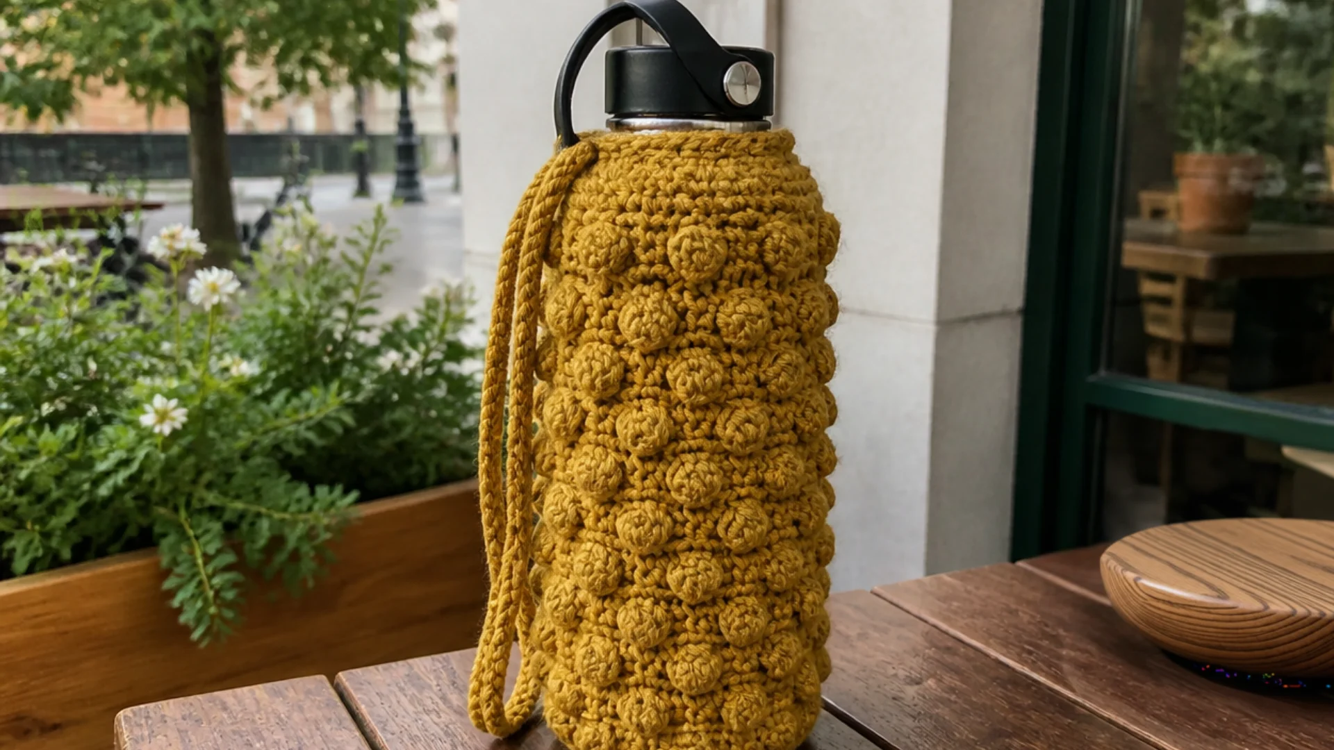 Mustard yellow bobble stitch <echighlighted><echighlighted>crochet water bottle holder</echighlighted></echighlighted> with long strap resting on an outdoor wooden table
