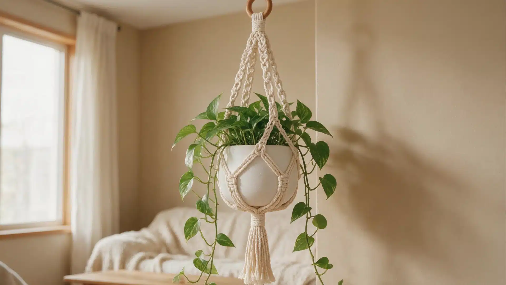 Cream boho crochet plant hanger with a wooden ring holding a leafy green plant in a white pot.