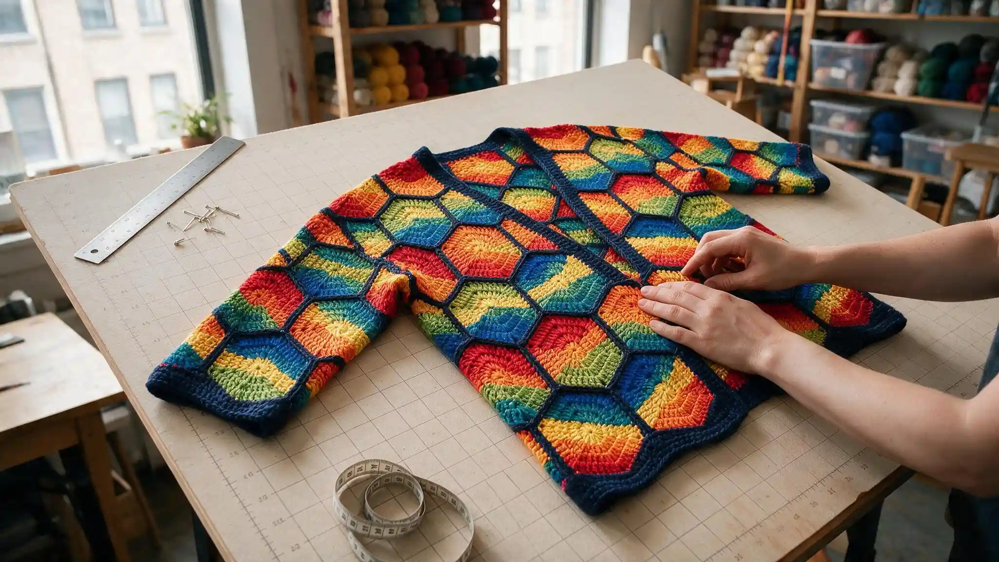 A woman crochets a vibrant sweater featuring a hexagon cardigan crochet pattern with bold strips in various colors.