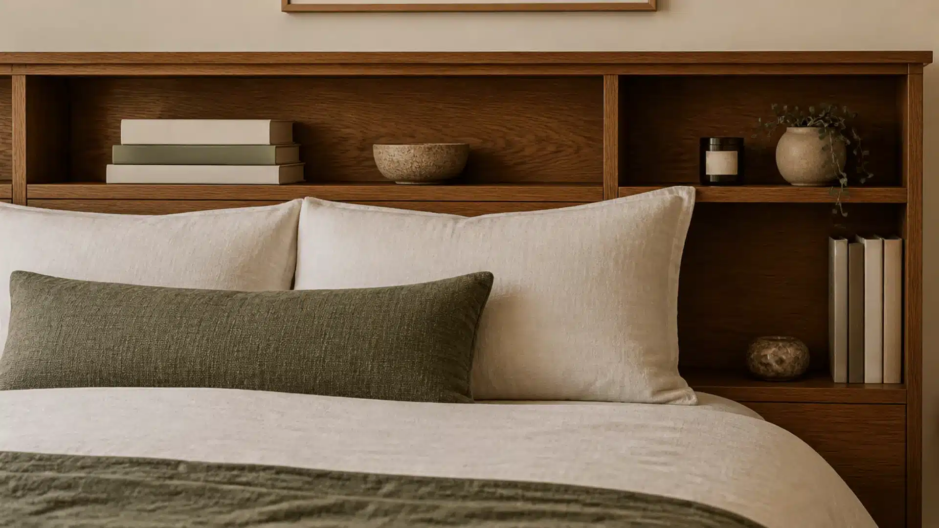 Dark wood bookshelf headboard with open shelves holding books and simple decor behind neutral bedding