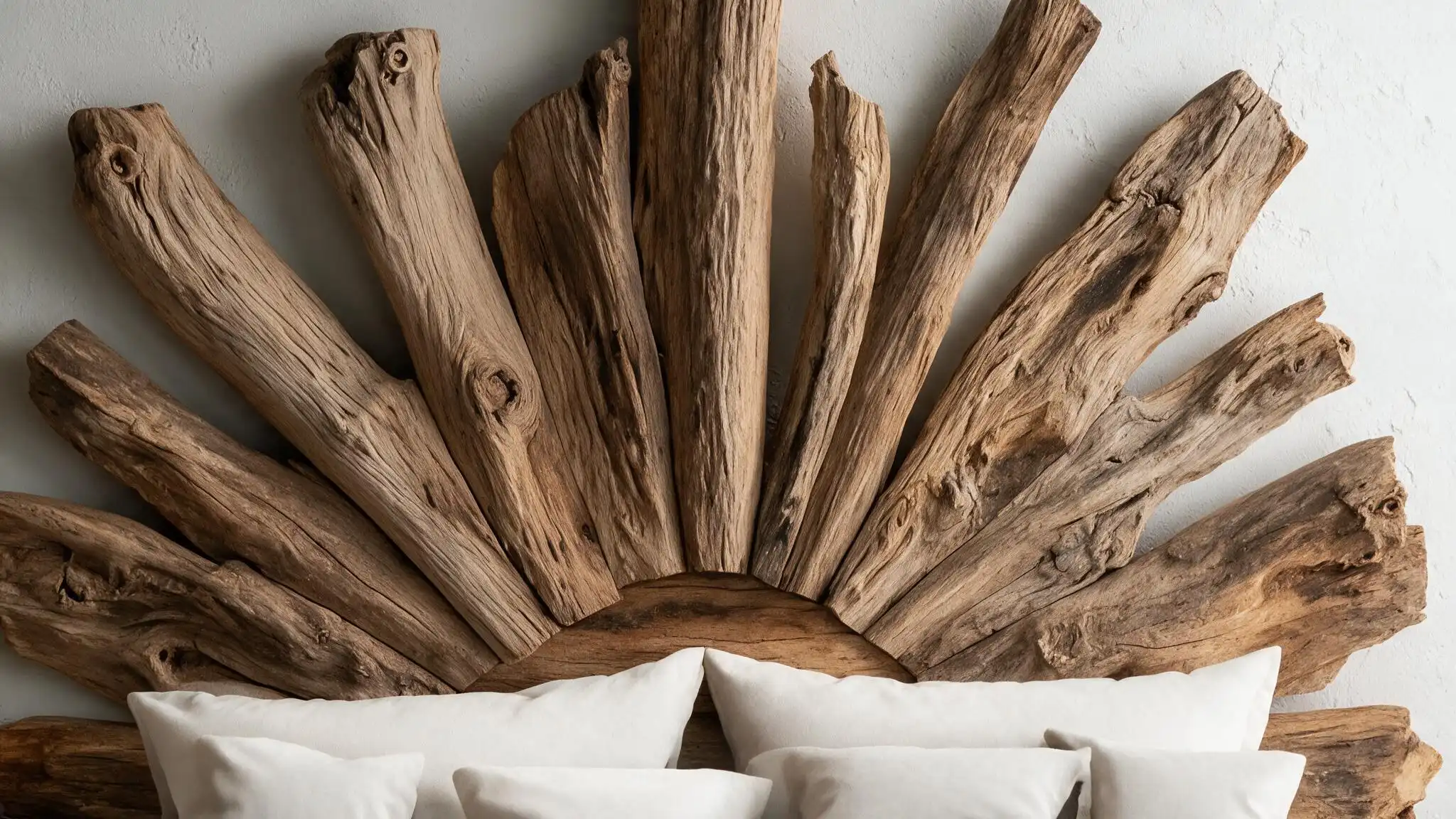 Rustic driftwood branch headboard arranged in a sunburst pattern behind soft white pillows