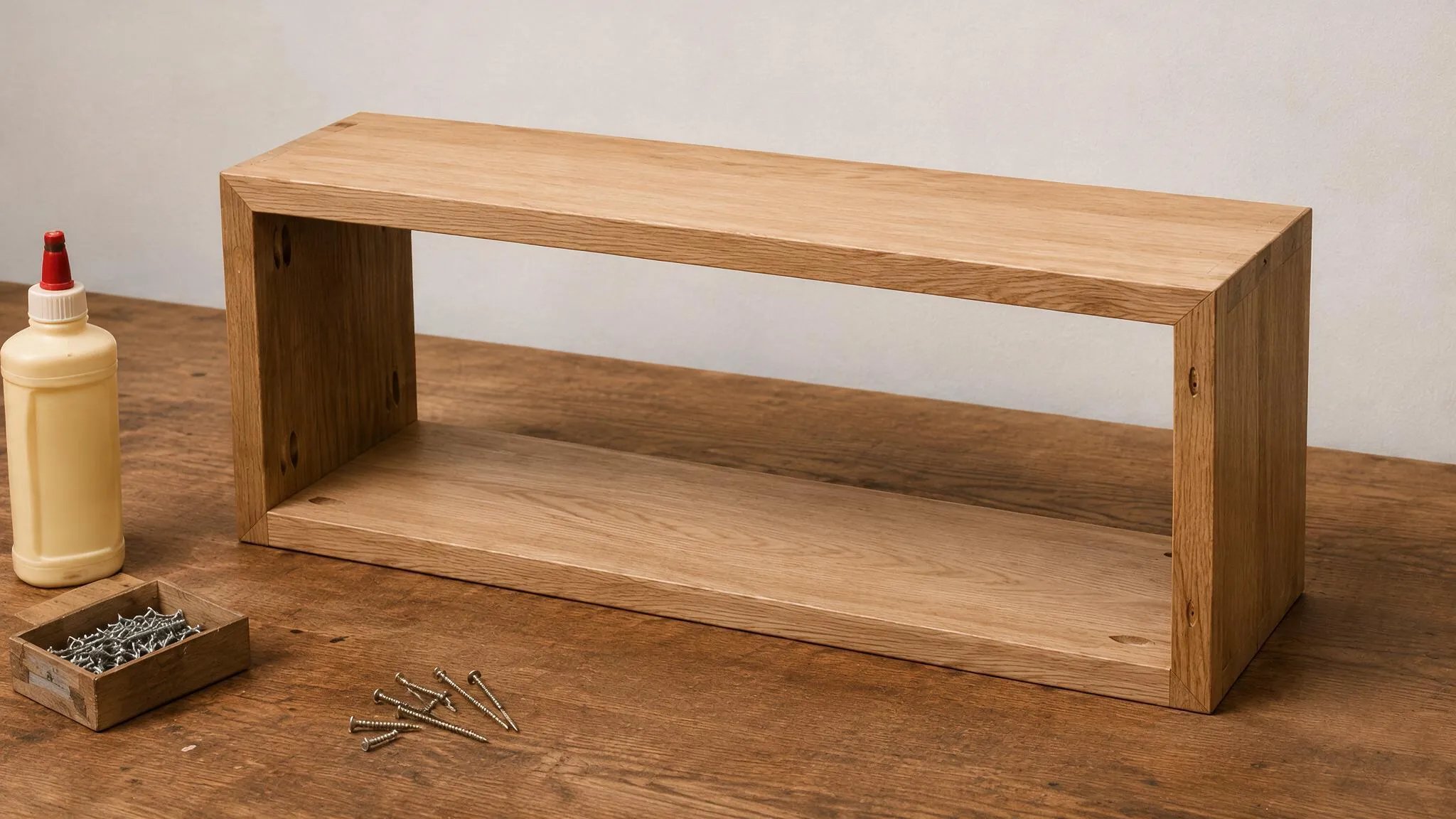 Hollow wooden floating shelf box assembled with open back ready to slide over the wall cleat.