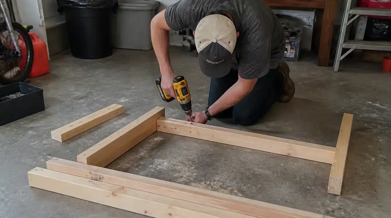 Build wooden shelf supports or frames using cut 2x4 lumber pieces