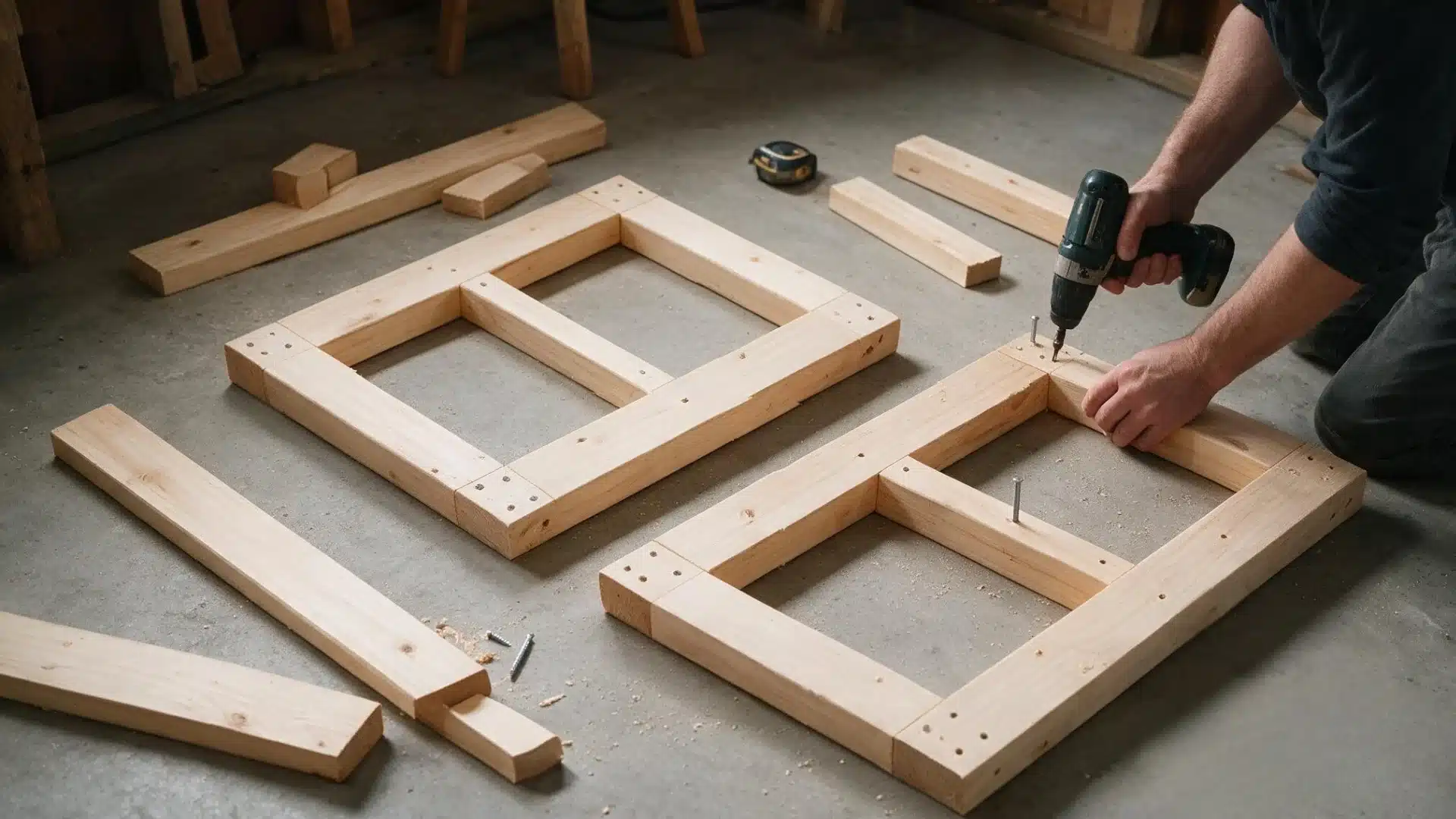 Person assembling two wooden workbench leg frames with a cordless drill on a workshop floor.