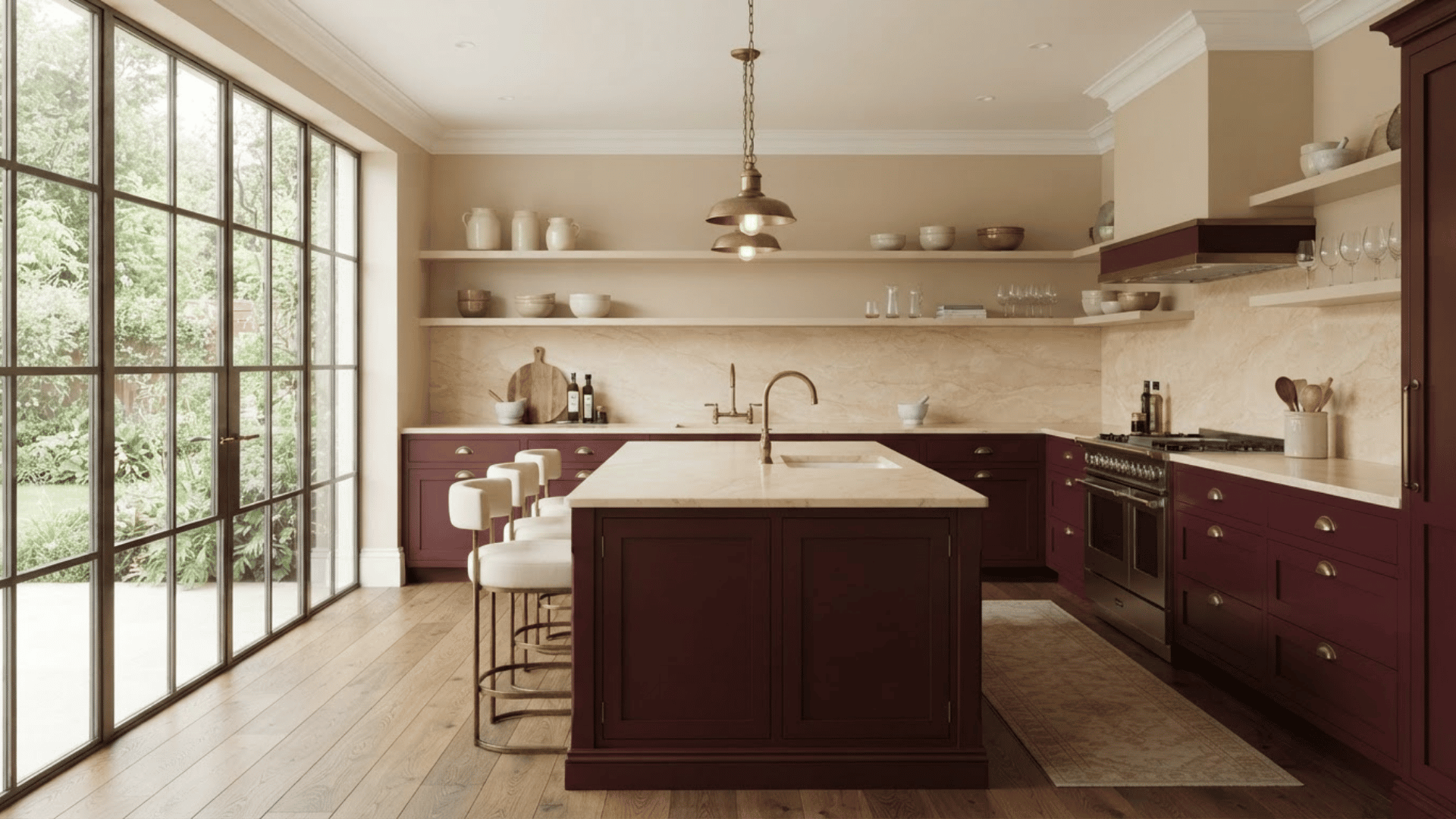 burgundy kitchen with cream stone island, brass hardware, open shelving, and tall garden windows