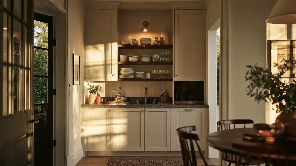 Sunlit kitchen with cream cabinets, open shelves of dishes and glasses, a sink, potted plant, and dining table with chairs.