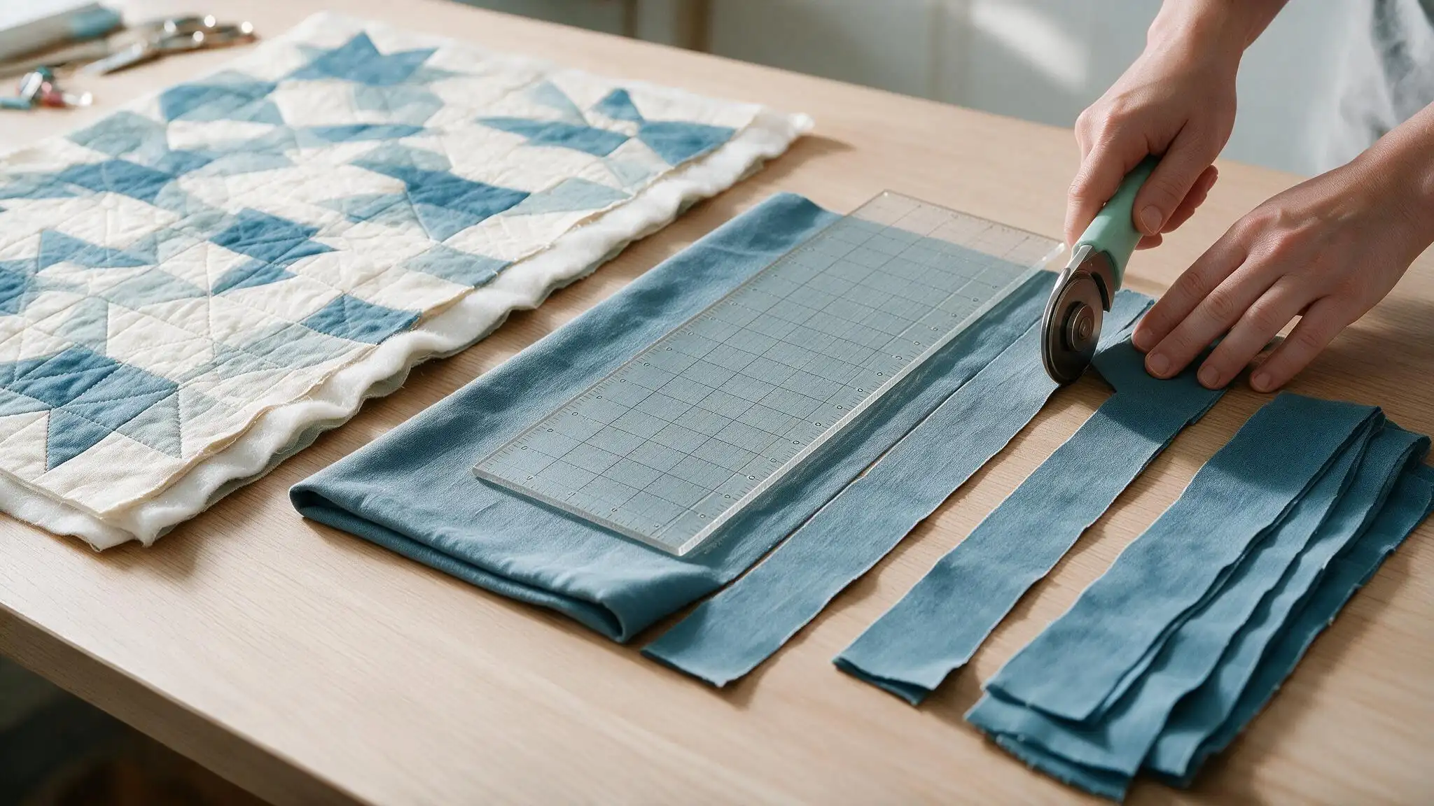 Hands cut long blue fabric strips for quilt binding beside a blue and white patchwork quilt on a wooden sewing table