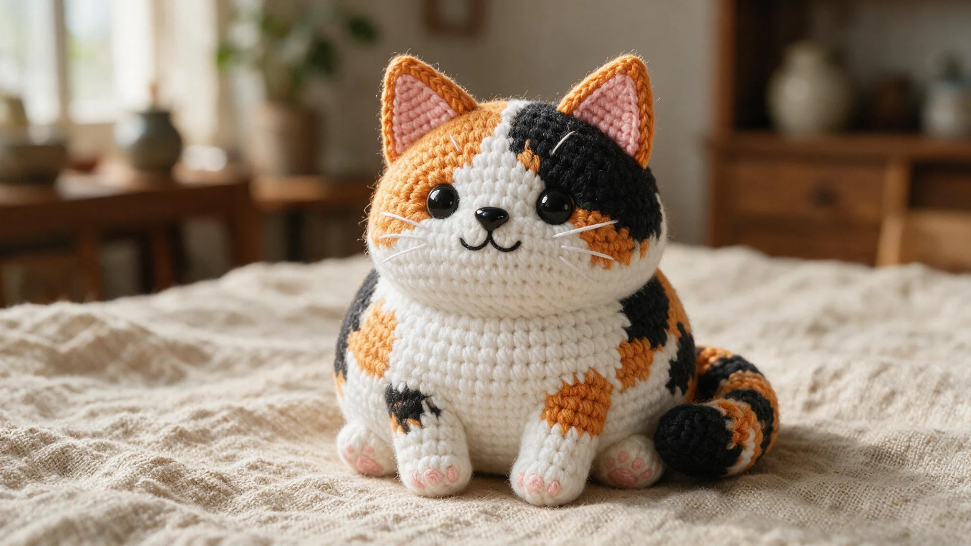 Chubby calico crochet cat with orange black and white patches pink paws and striped tail sitting on beige fabric.