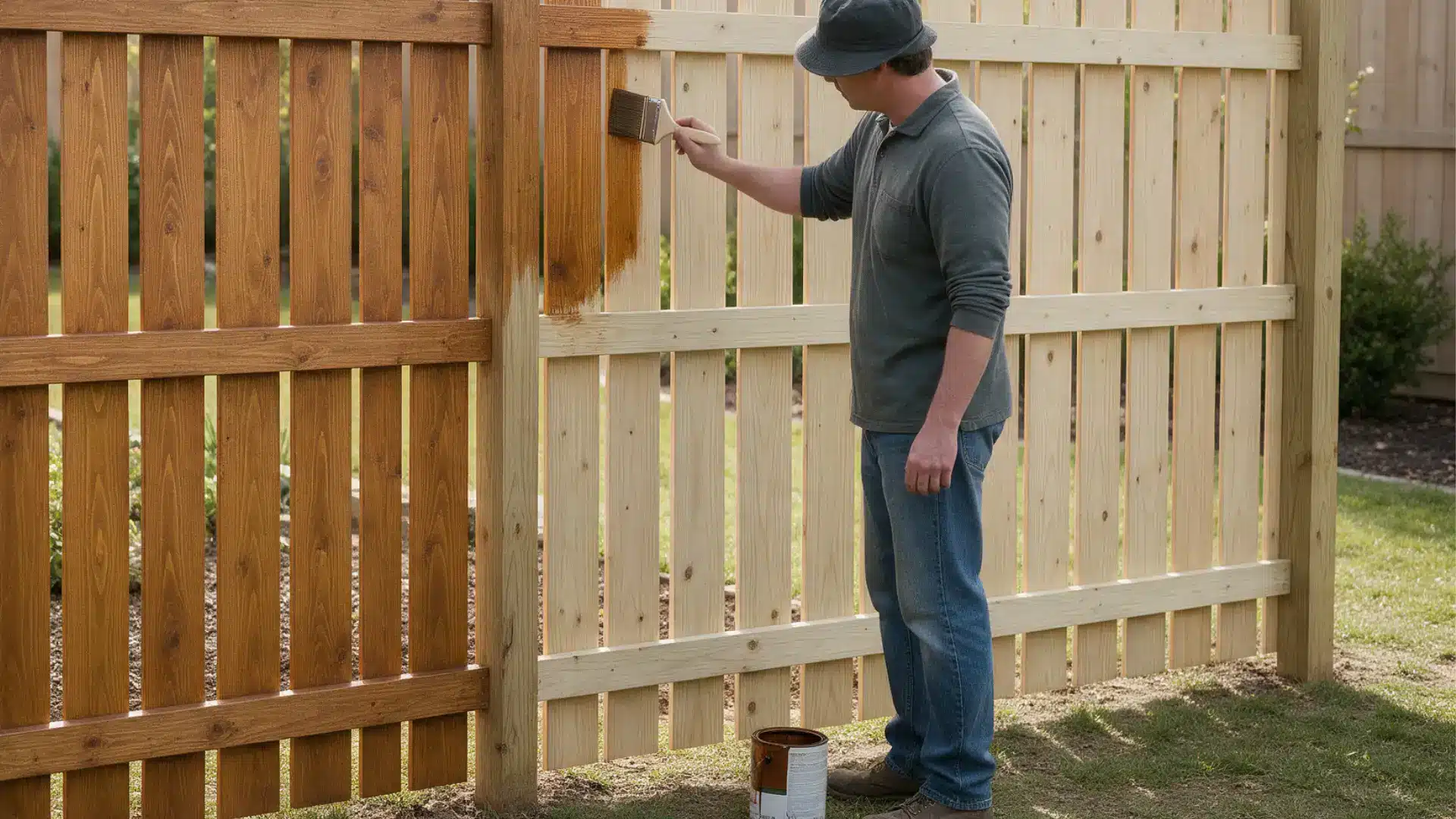 Person staining half of a pressure treated wooden fence while the remaining boards stay light and unfinished outside