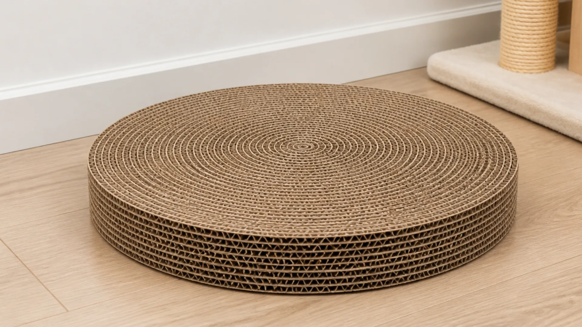 Round cardboard coil cat scratcher placed on a light wooden floor beside a scratching post
