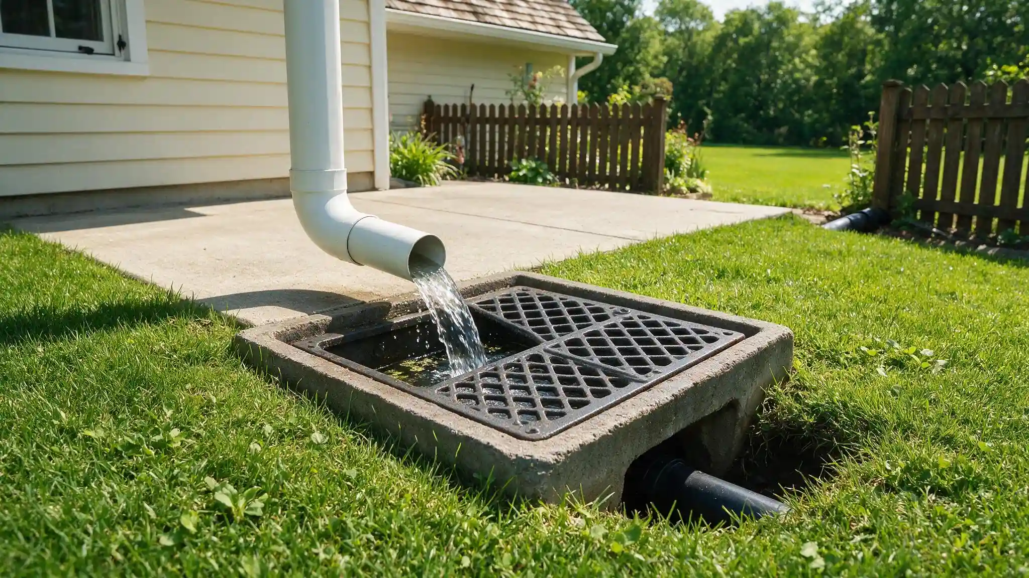 Downspout empties rainwater into a grated catch basin connected to an underground drainage pipe