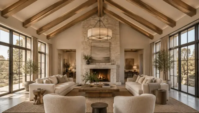 Spacious living room with vaulted ceiling, large stone fireplace, and neutral-toned sofas in natural light