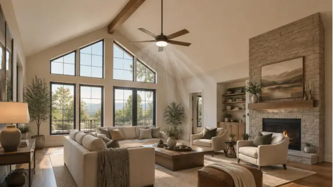 Modern living room with beige sofas, stone fireplace, and large windows with natural light