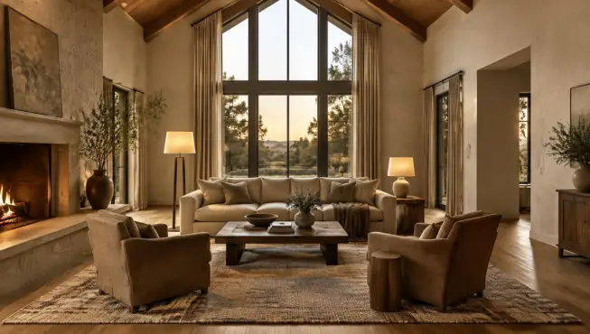 Cozy living room with rustic furniture, fireplace, large windows, and neutral tones