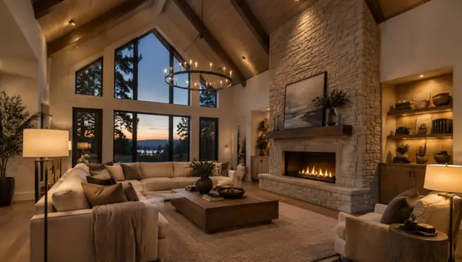 Cozy living room with stone fireplace, large windows, and warm lighting at sunset