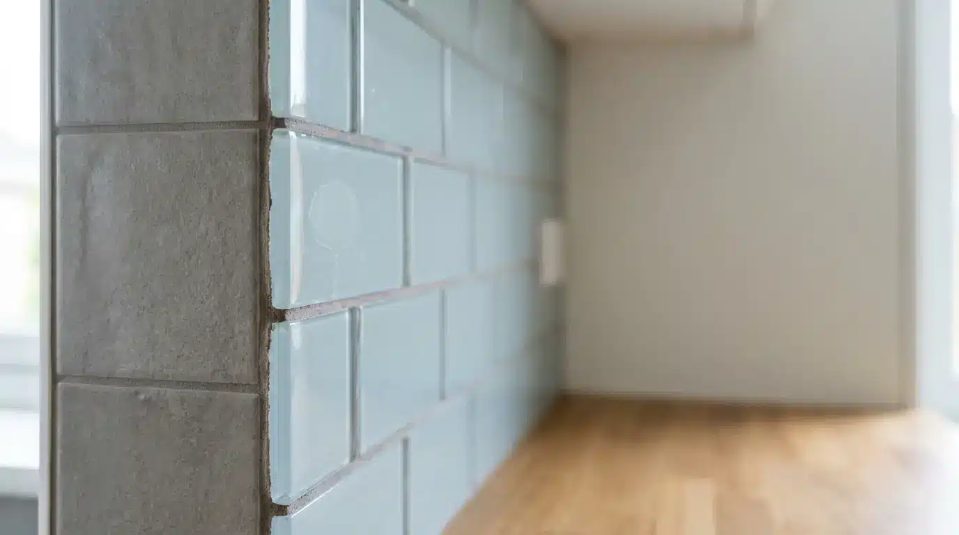 Glossy light blue subway tiles and wooden countertop in modern kitchen setting