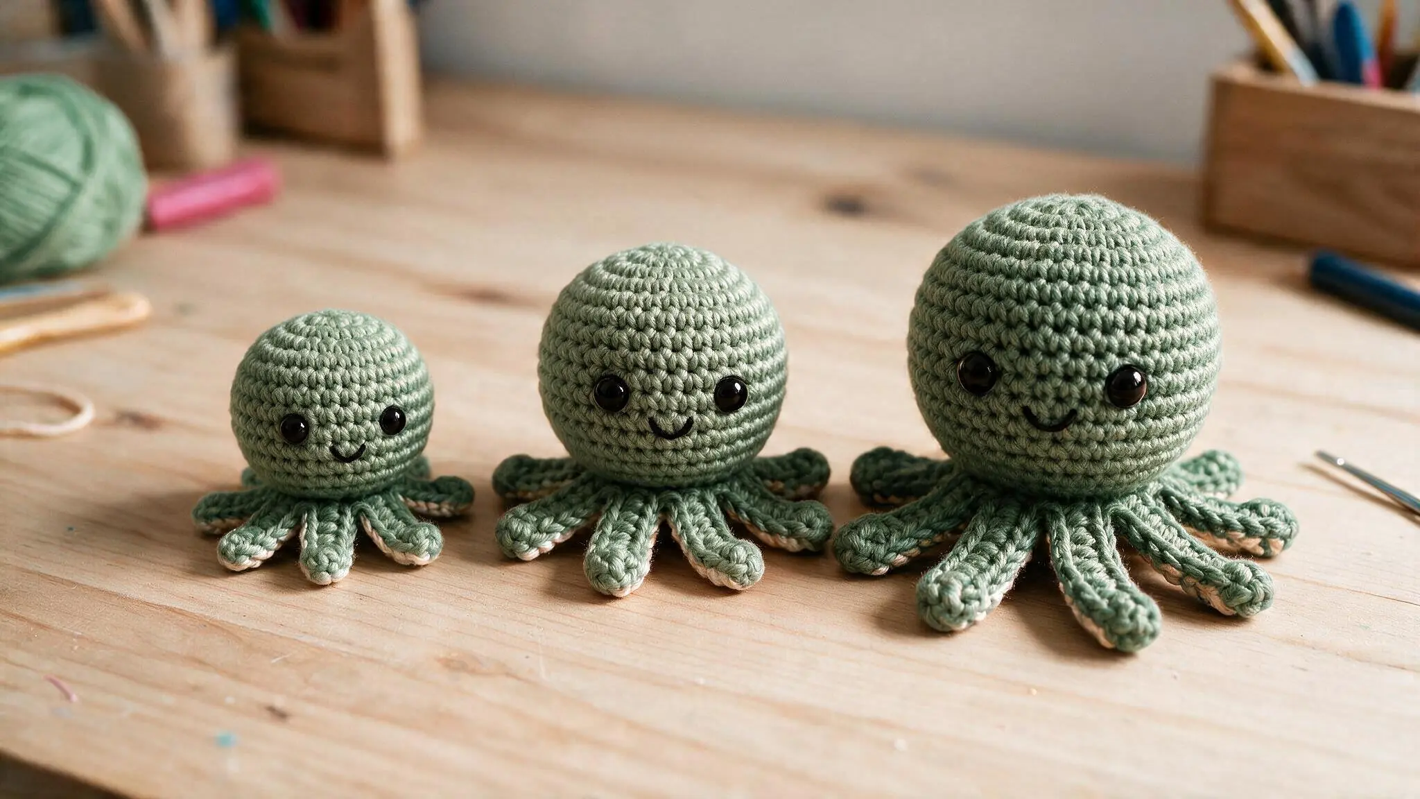 Three green crochet octopuses in small medium and large sizes arranged together neatly on a wooden craft table