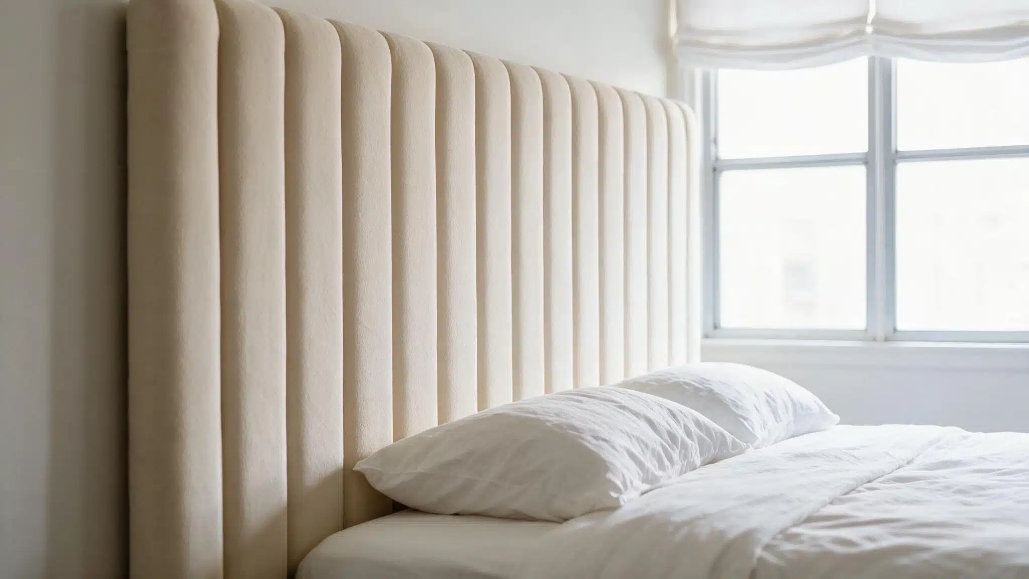 Cream channel tufted headboard with vertical padded sections behind a neatly styled white bed