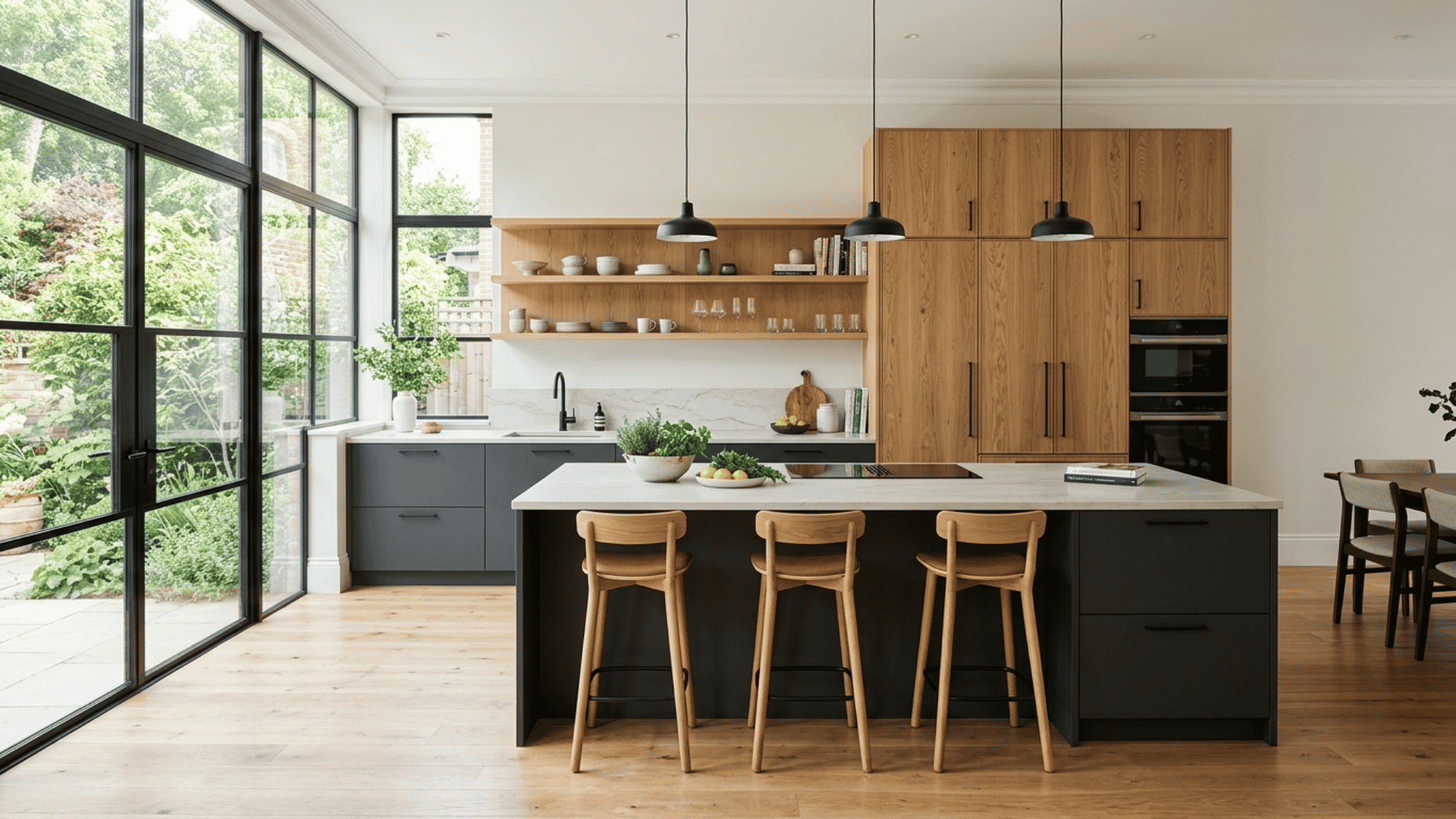 charcoal and oak kitchen with white stone island, black pendants, open shelves, and large windows