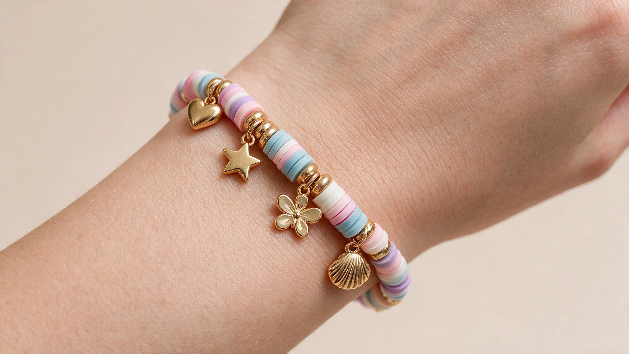 A woman wearing a charm bracelet featuring a star-shaped charm on her wrist.
