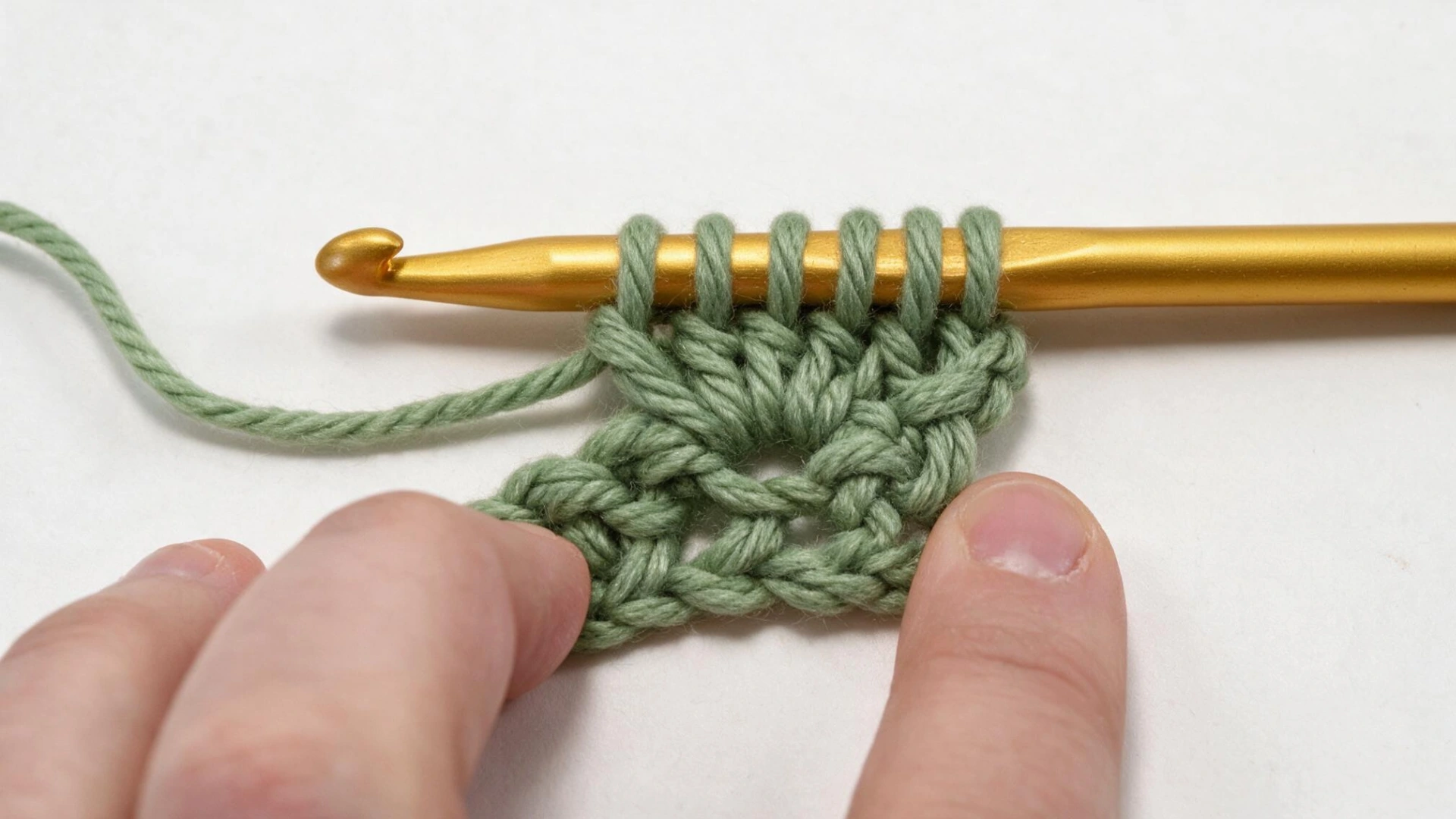 Six green yarn loops stacked on a gold crochet hook before closing the bobble stitch.