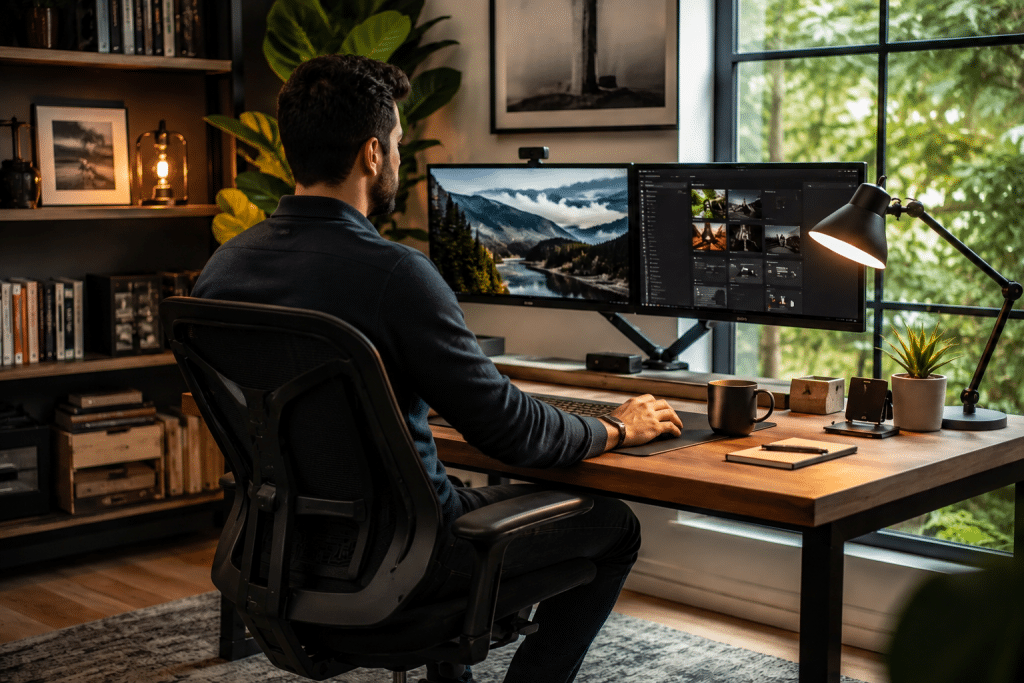 Man working at dual monitors in a cozy home office with warm lighting
