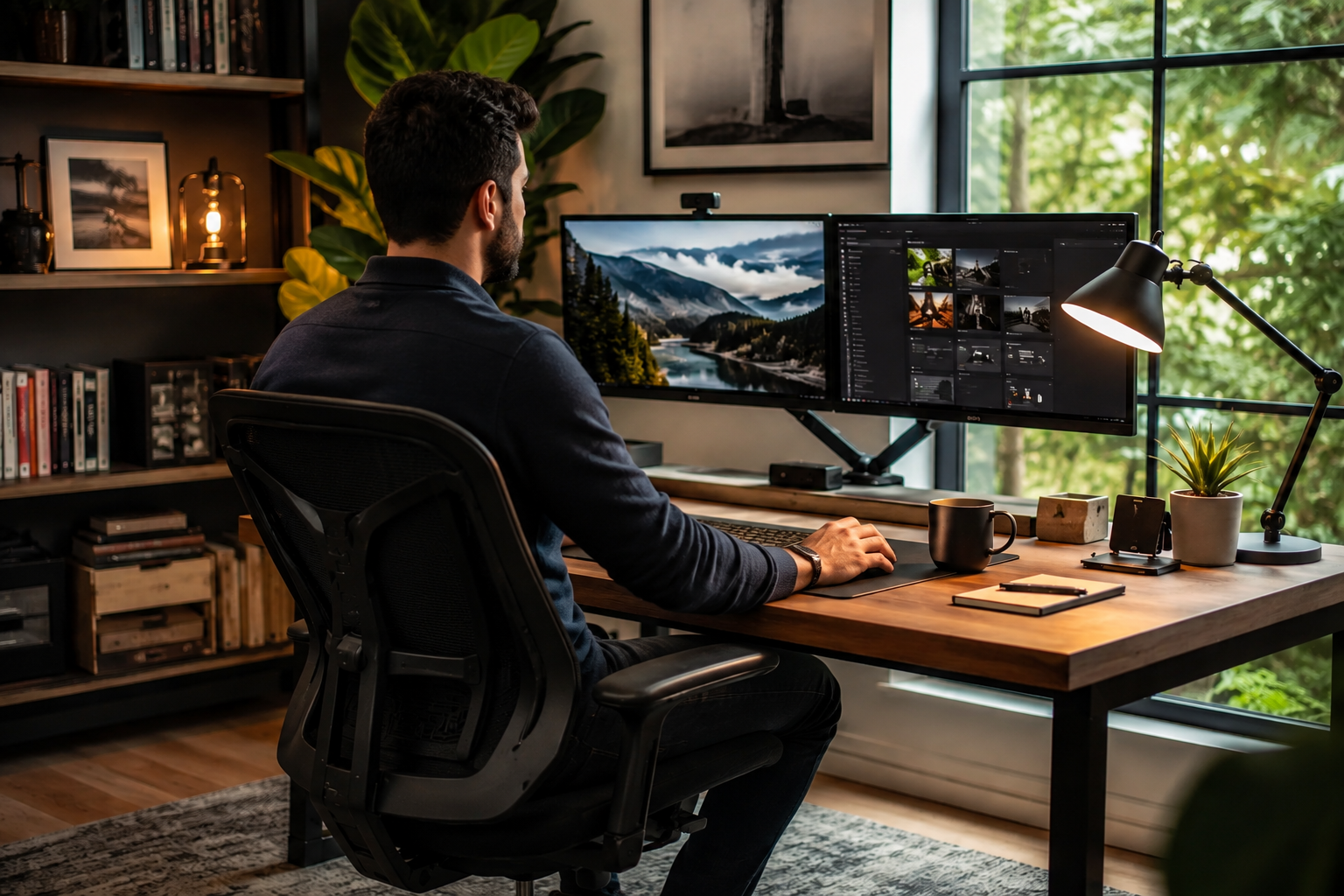 Man working at dual monitors in a cozy home office with warm lighting