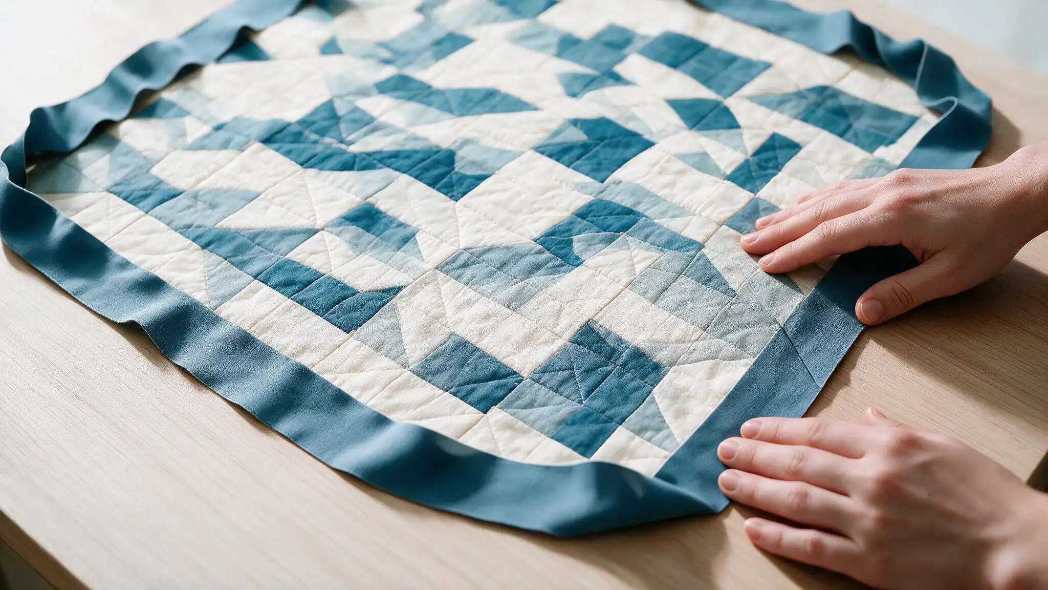 Hands check blue binding placement around a blue and white patchwork quilt before stitching the edges in place