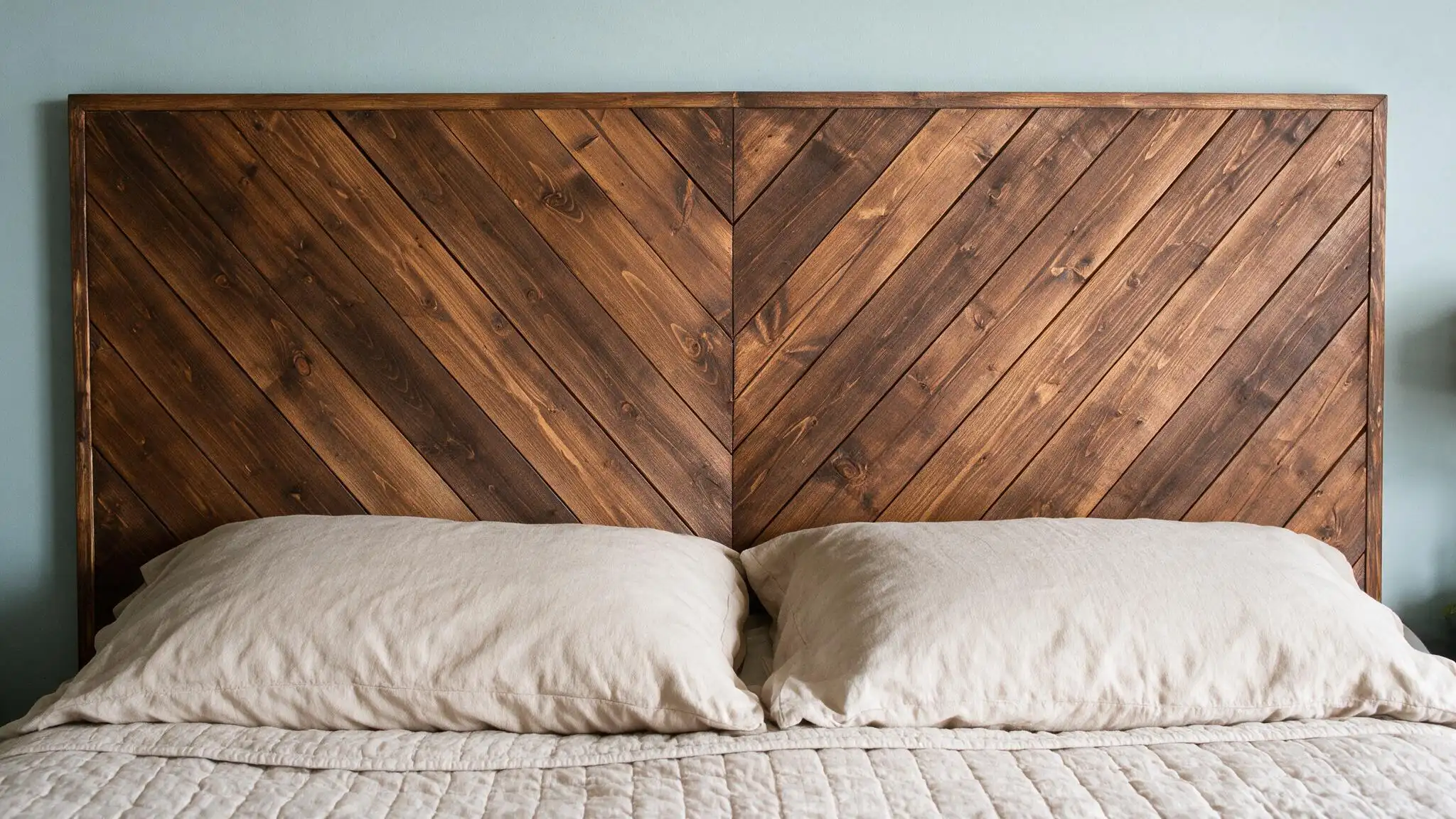 Dark stained chevron wood headboard with angled boards above a simple cream bed