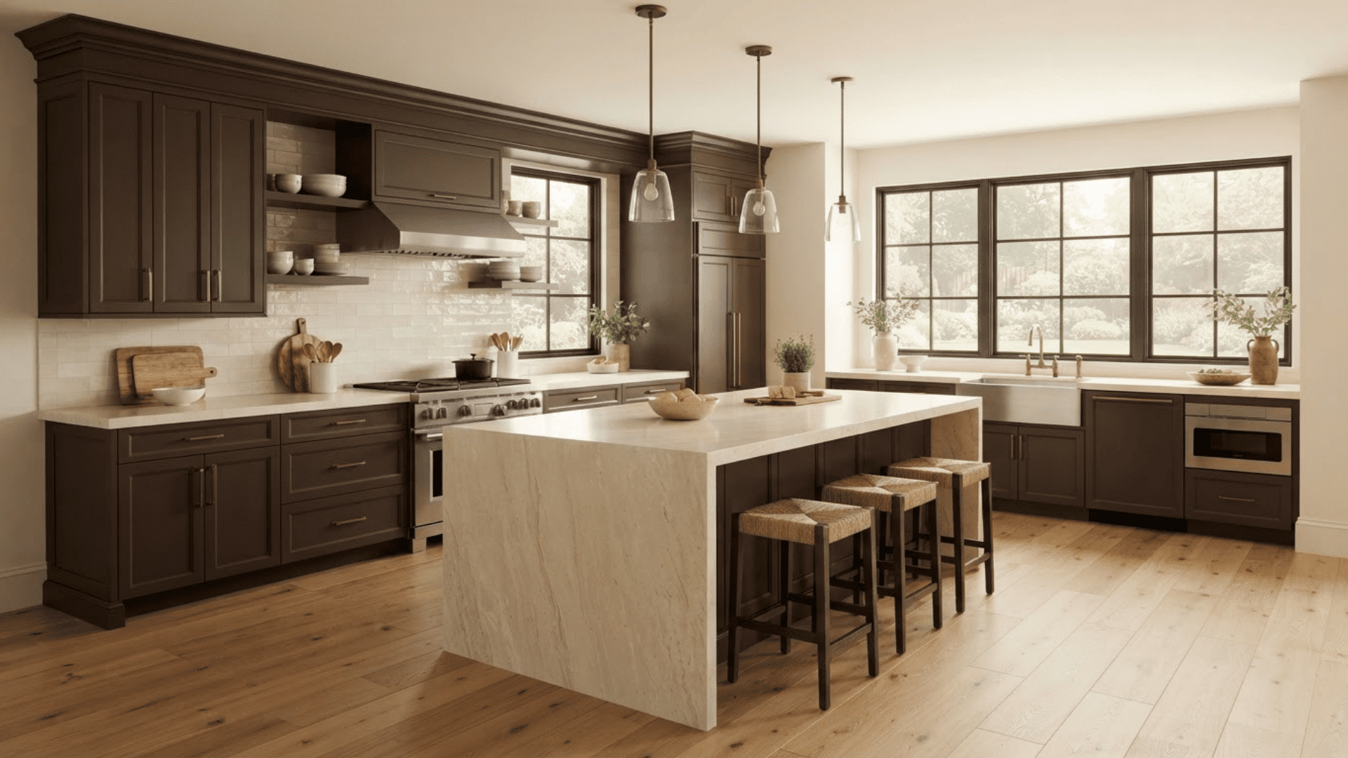 chocolate brown kitchen with pale stone island, woven stools, large windows, and wood flooring