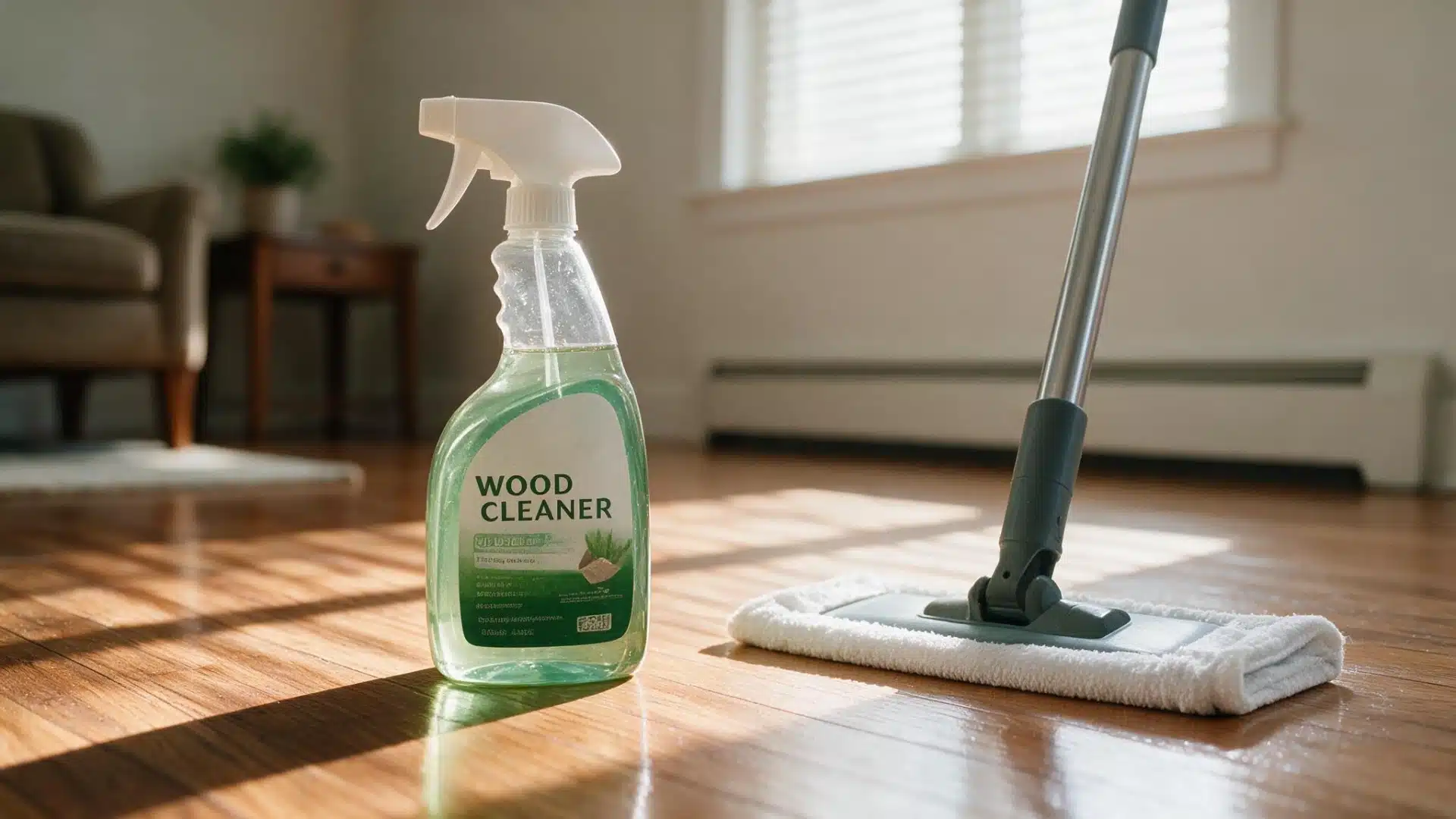 Wood floor cleaner spray bottle and microfiber mop placed on a clean hardwood floor