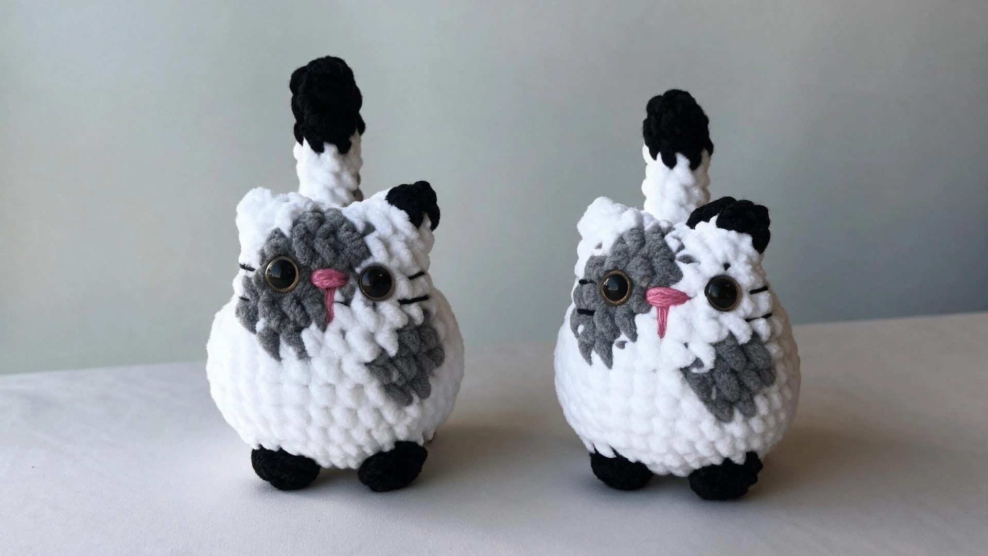 Two handmade crochet cats sit side by side on a wooden table, showcasing their colorful yarn patterns