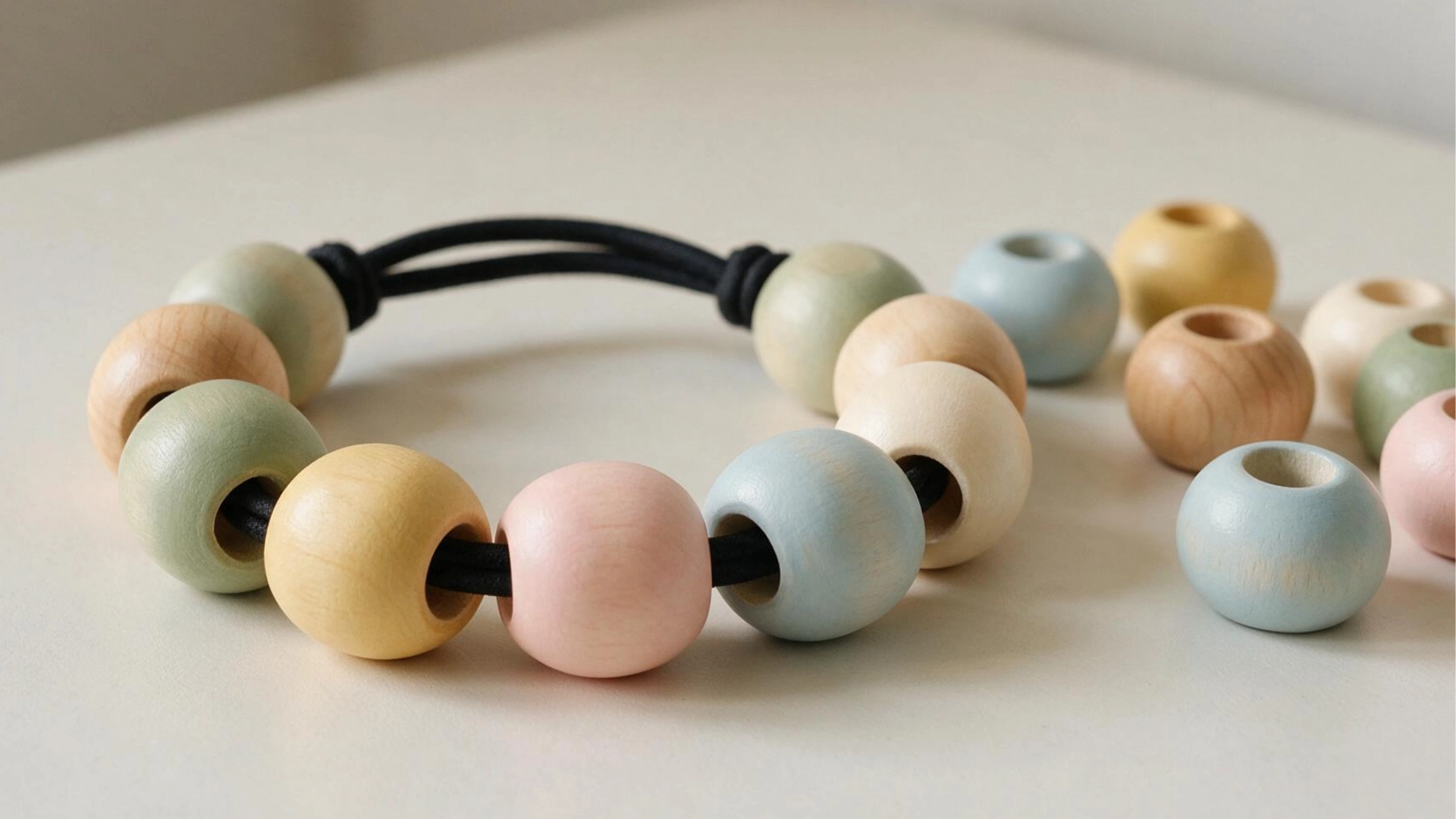 Pastel wooden beads threaded onto black cord form a loop, with several loose beads in yellow, blue, pink, green, and natural wood nearby.