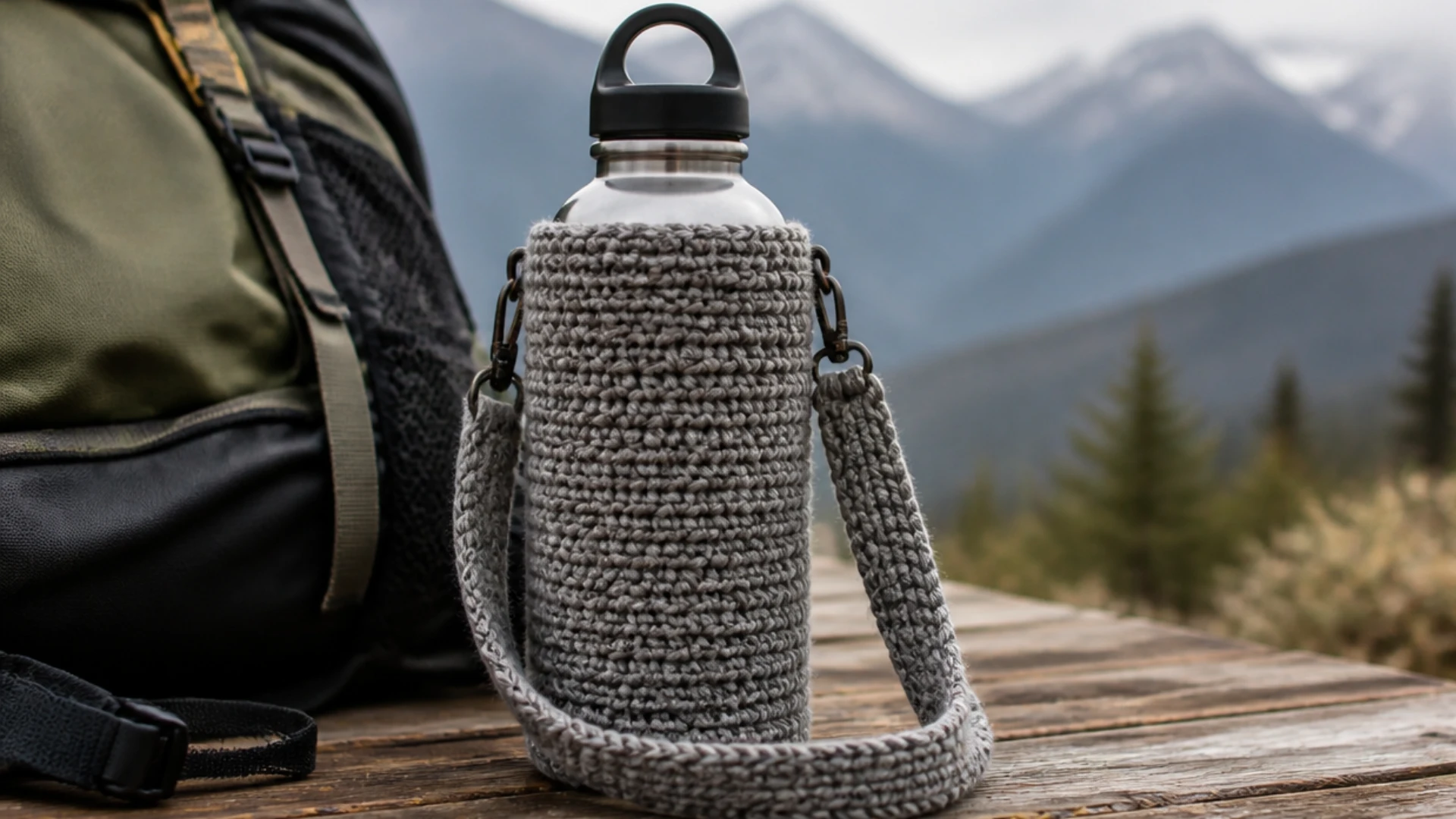 Gray chunky <echighlighted><echighlighted>crochet water bottle holder</echighlighted></echighlighted> with shoulder strap beside a hiking backpack and mountain view