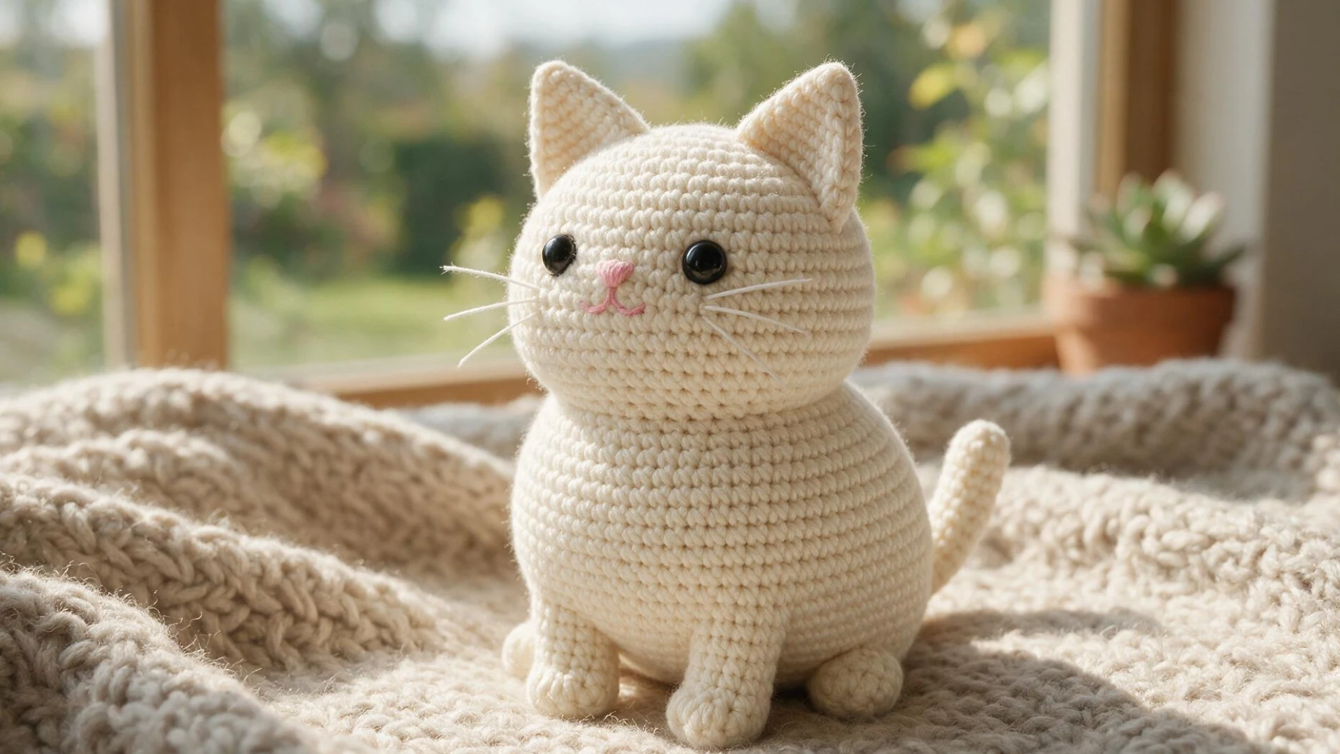 Classic cream amigurumi crochet cat with round body pointed ears black eyes pink nose and stitched whiskers on a cozy blanket.