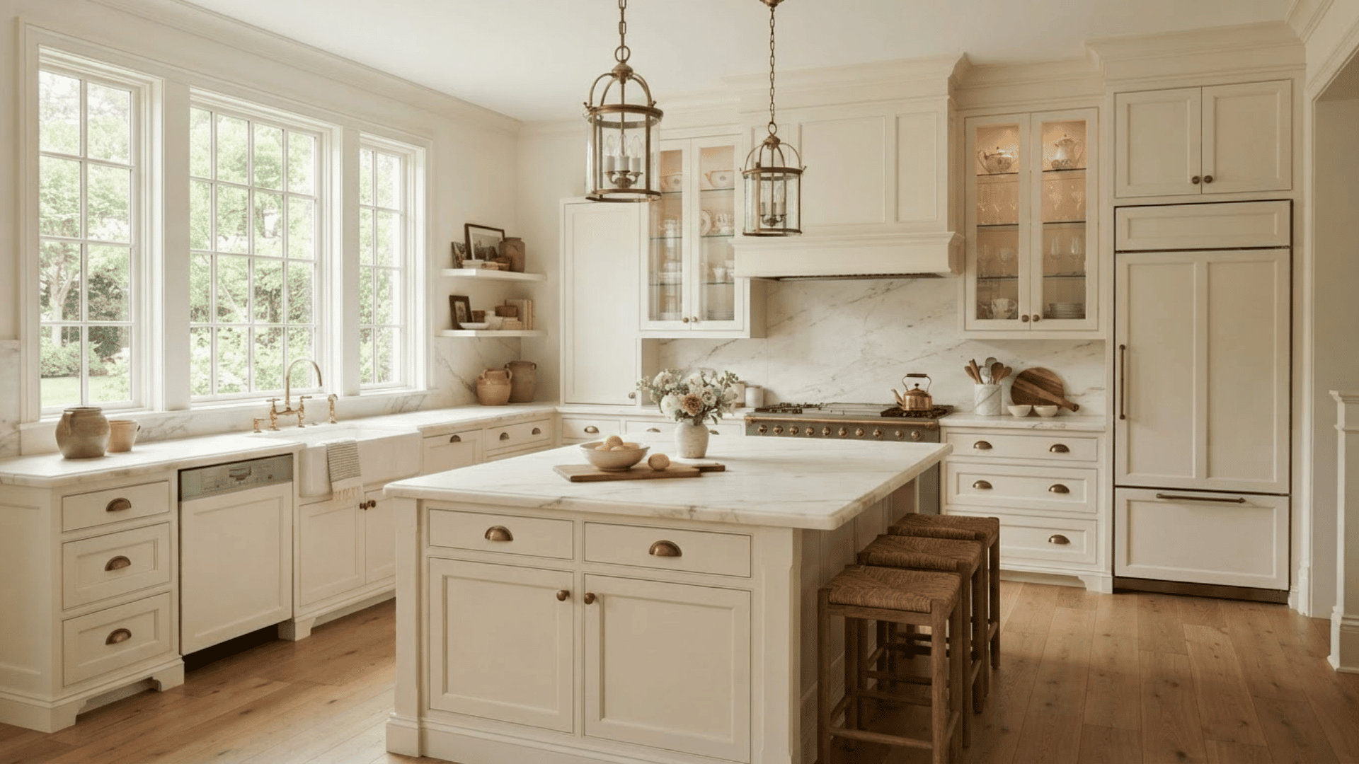 classic cream kitchen with inset cabinets, marble island, glass doors, and brass hardware