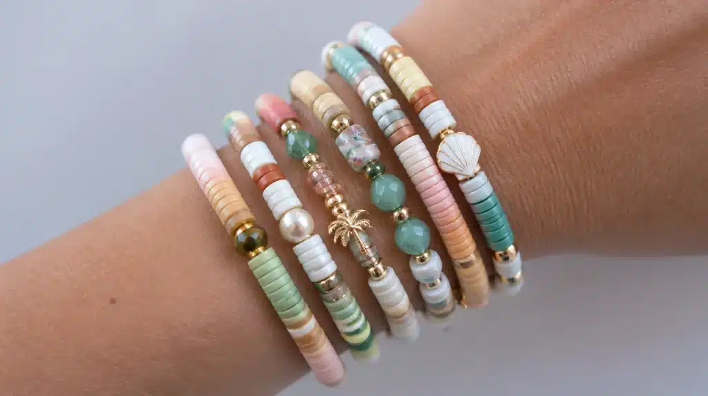 A woman showcases a stack of vibrant clay bead bracelets on her wrist, highlighting their colorful designs and textures.