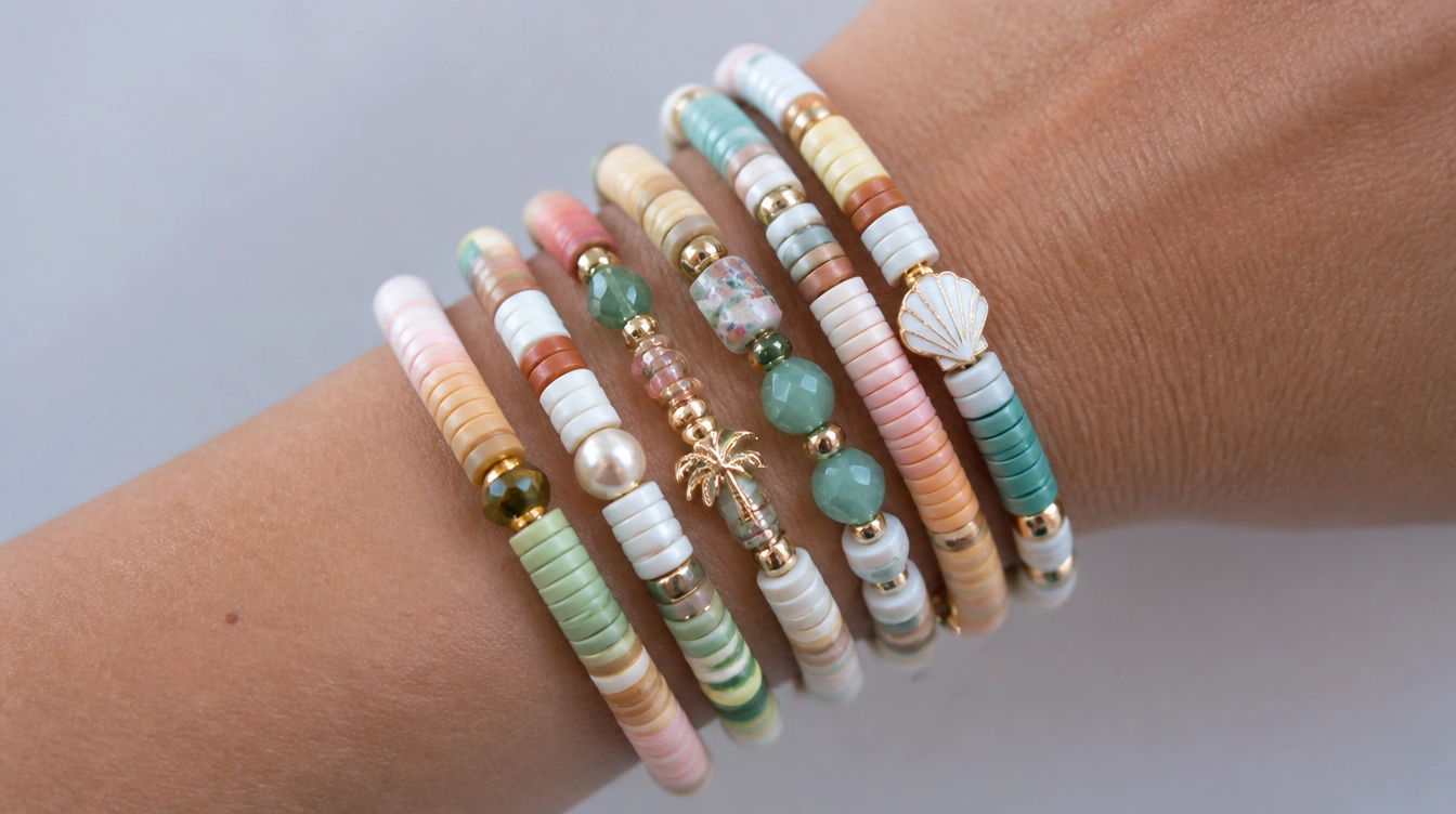 A woman showcases a stack of vibrant clay bead bracelets on her wrist, highlighting their colorful designs and textures.