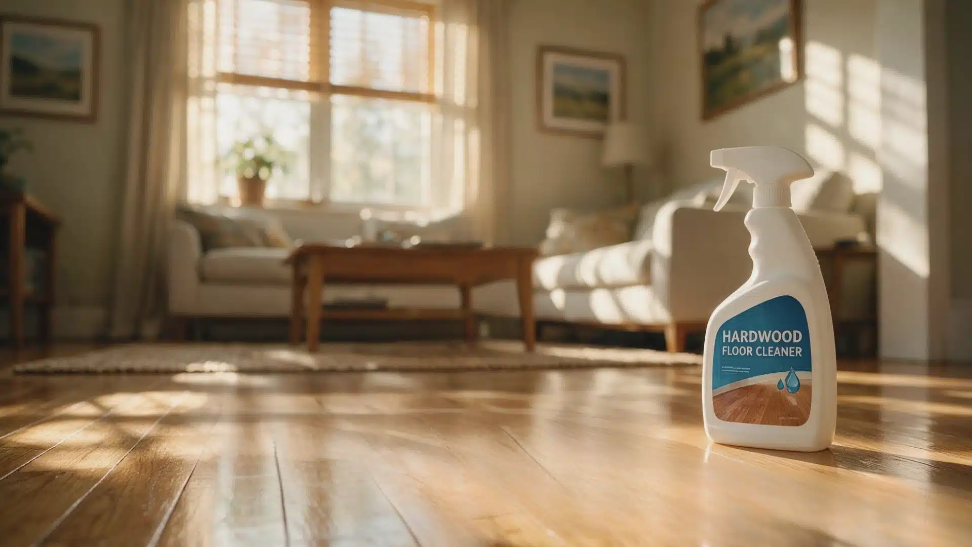 Hardwood floor cleaner bottle placed on a clean polished wood floor in a bright living room