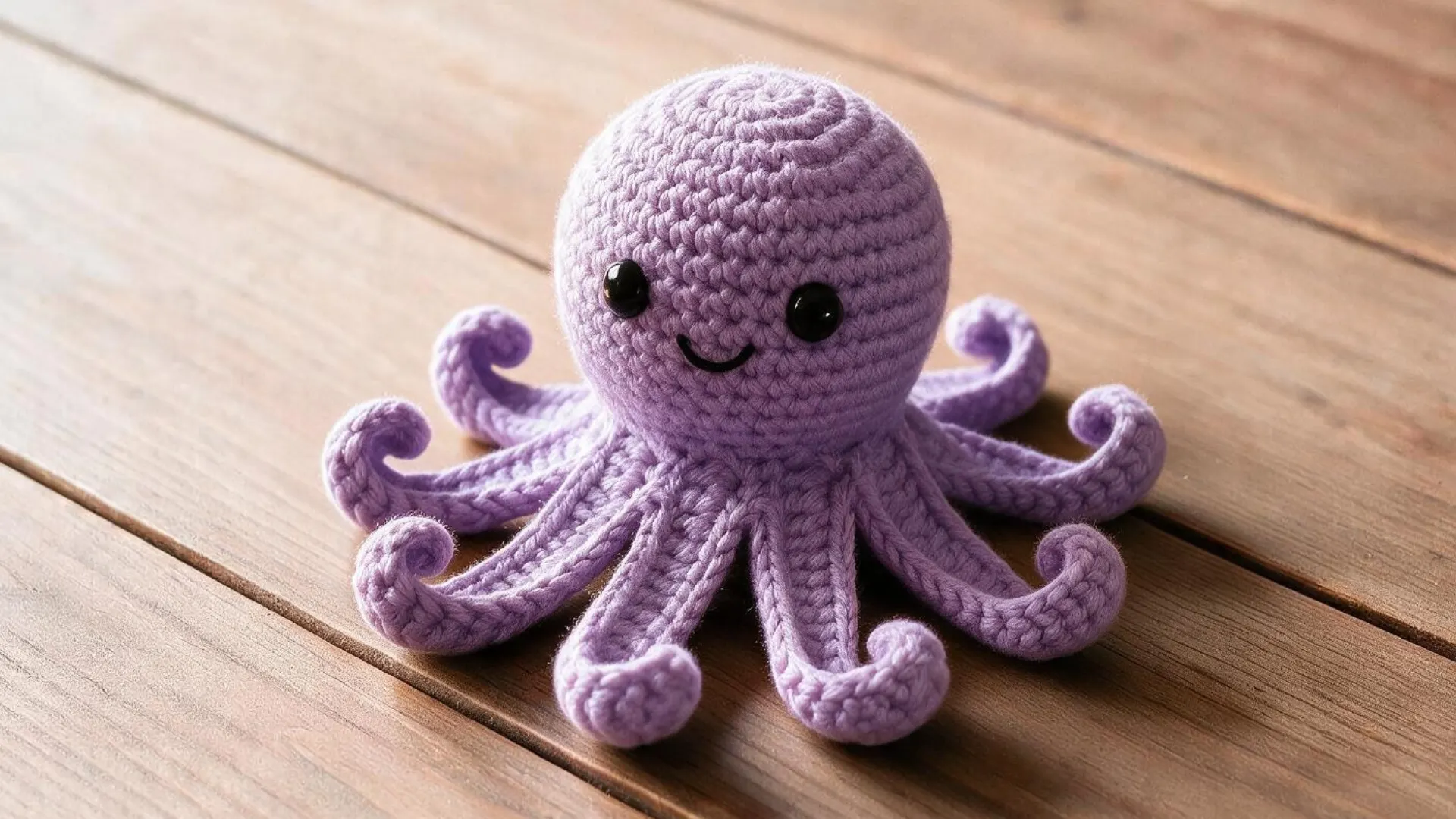 Finished lavender crochet octopus with eight curled tentacles black eyes and a stitched smile on a wooden table