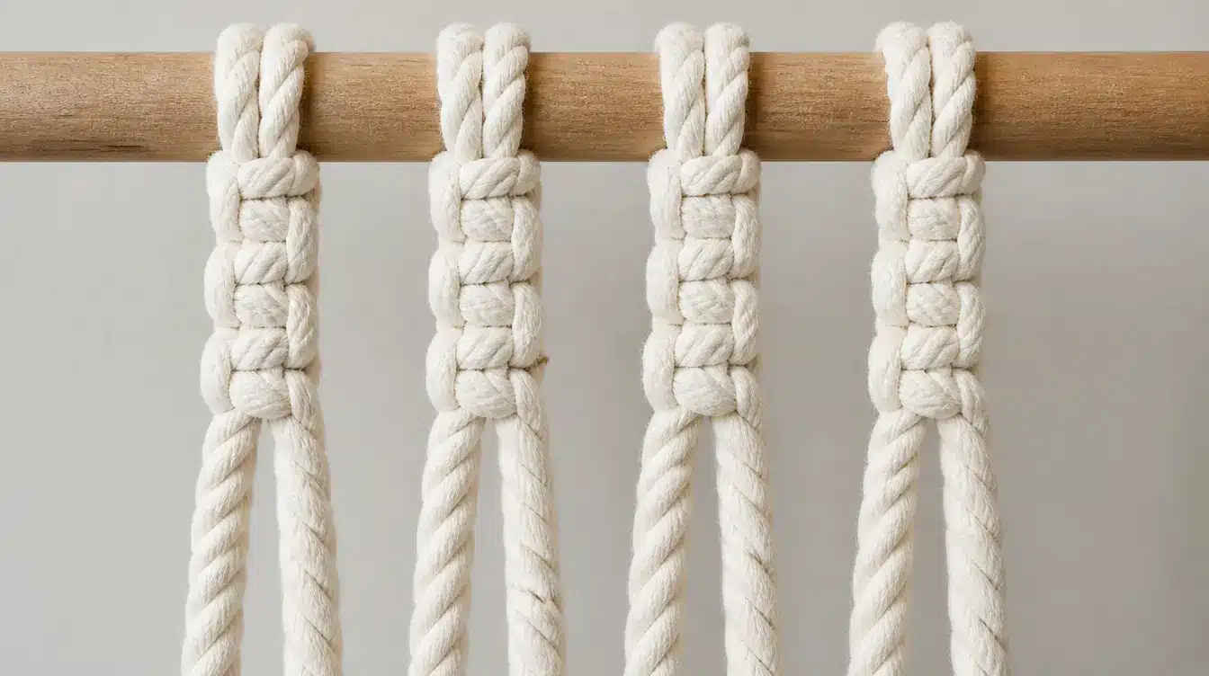 Multiple ropes tied to a wooden dowel with clove hitch knots